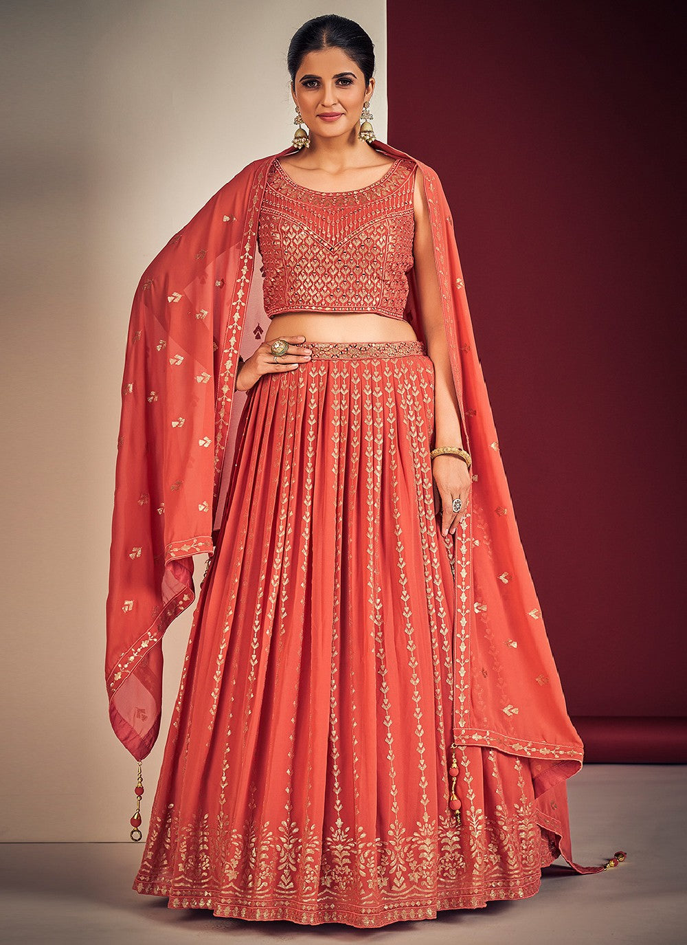 Orange Pakistani Georgette Lehenga Choli For Indian Festivals & Weddings - Sequence Embroidery Work, Mirror Work
