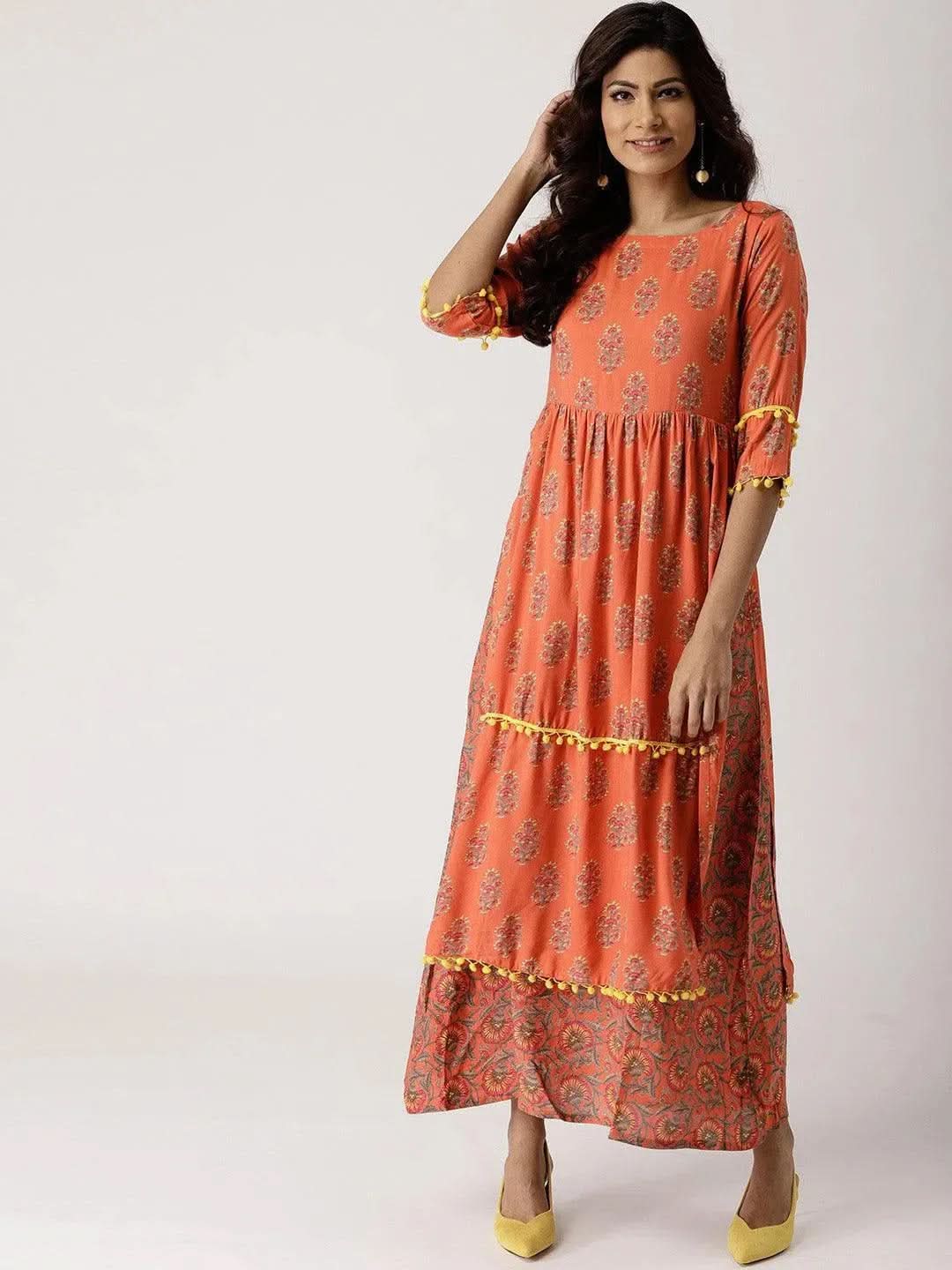 Anouk Orange Printed Rayon Layered Dress