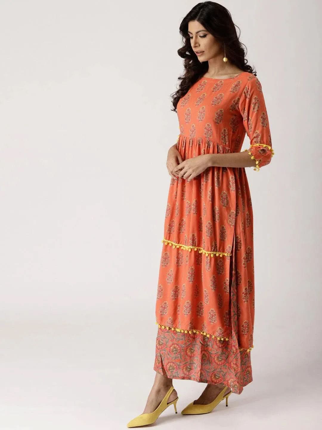 Anouk Orange Printed Rayon Layered Dress