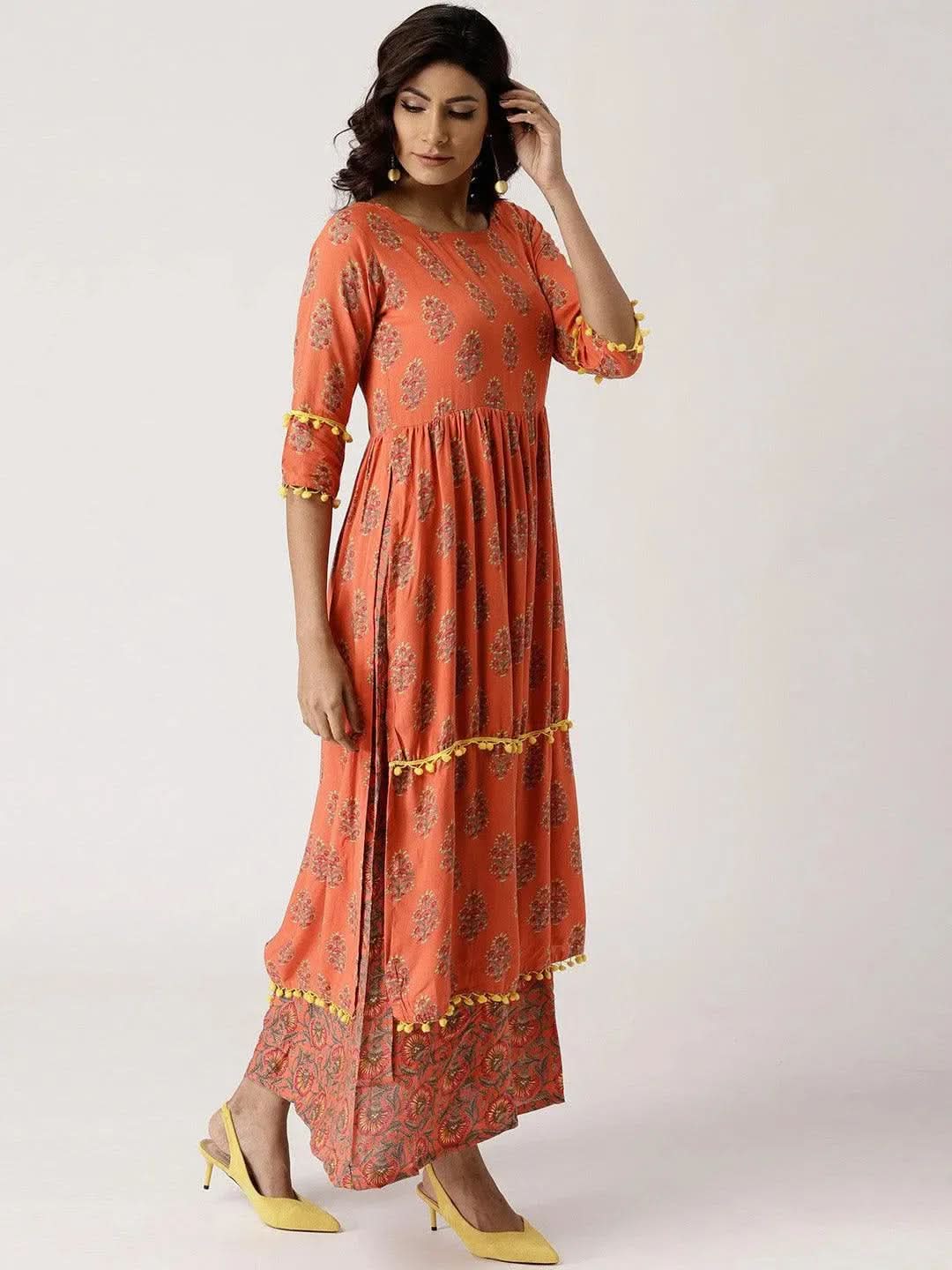 Anouk Orange Printed Rayon Layered Dress