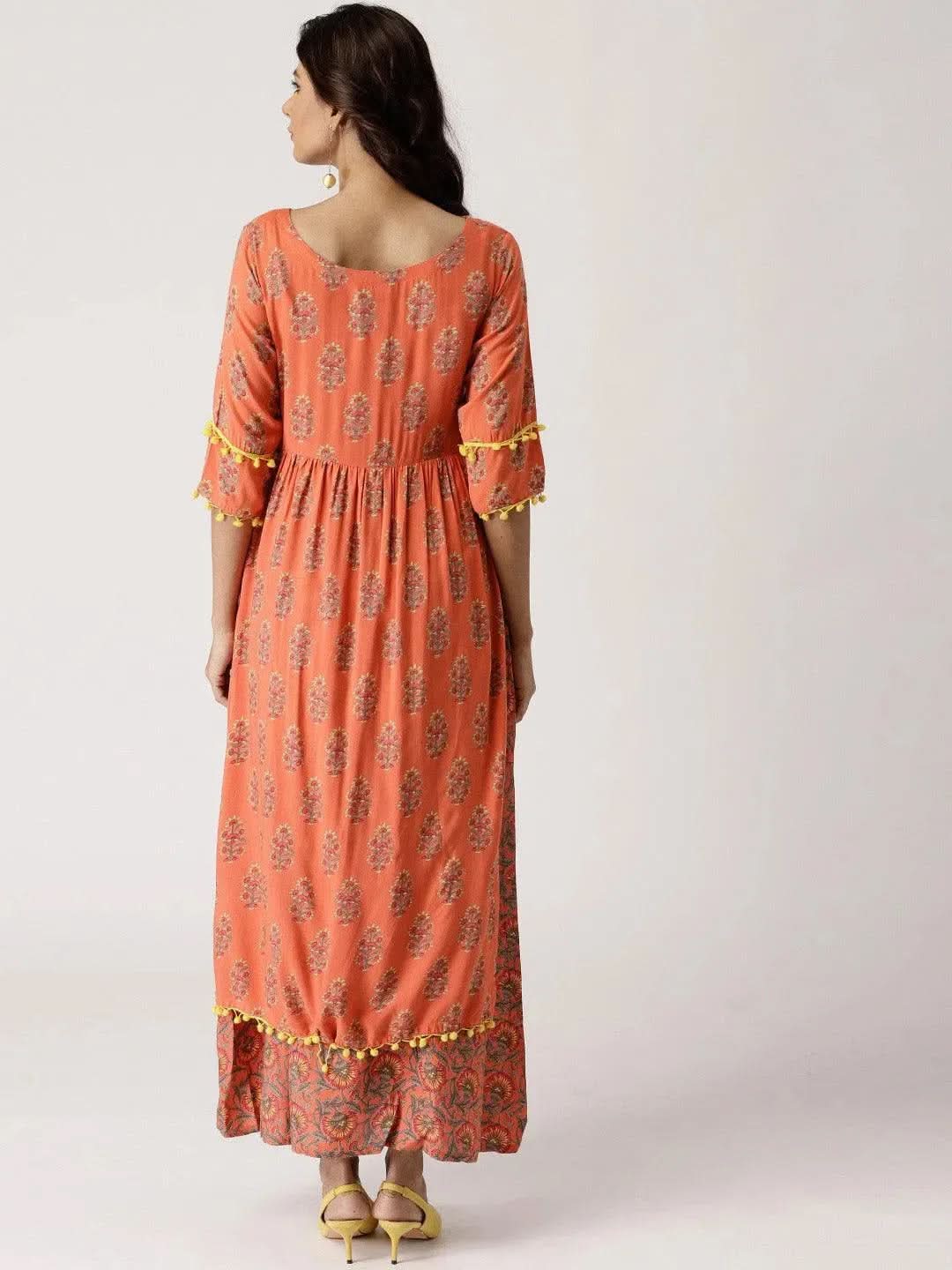 Anouk Orange Printed Rayon Layered Dress
