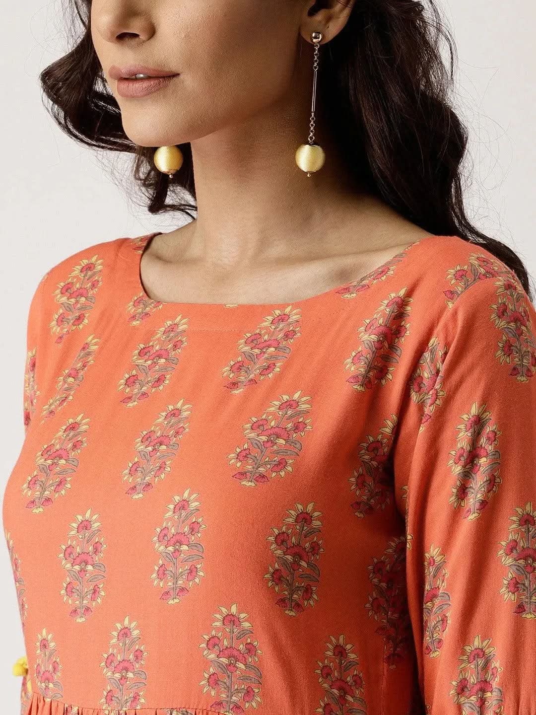 Anouk Orange Printed Rayon Layered Dress