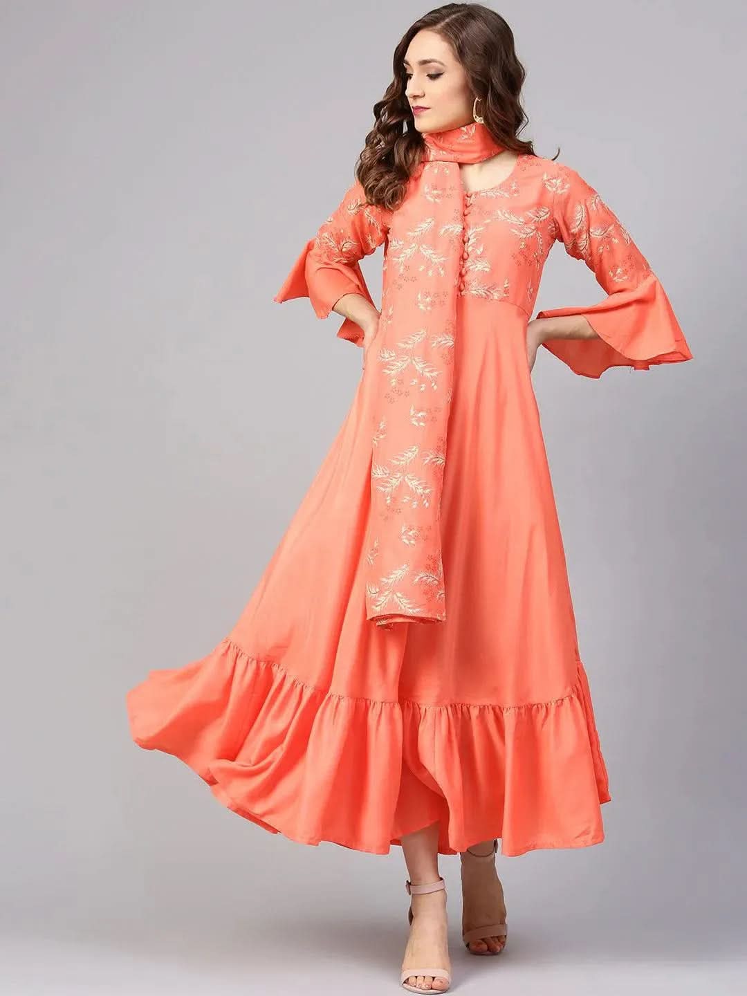 Anouk Orange Printed Silk Dress with Stole
