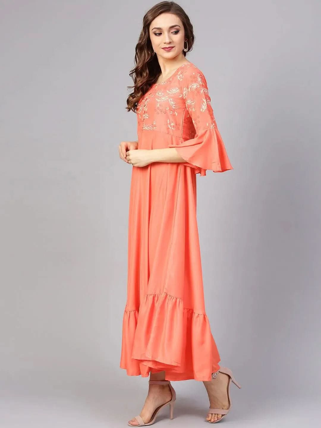 Anouk Orange Printed Silk Dress with Stole