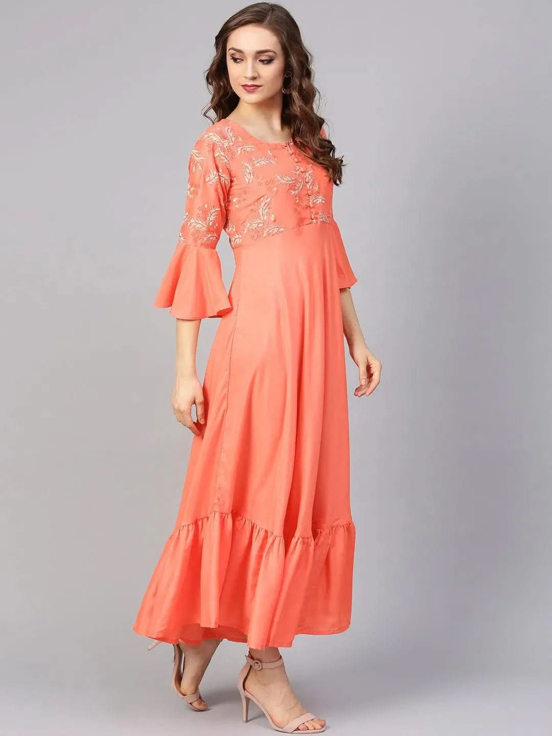 Anouk Orange Printed Silk Dress with Stole