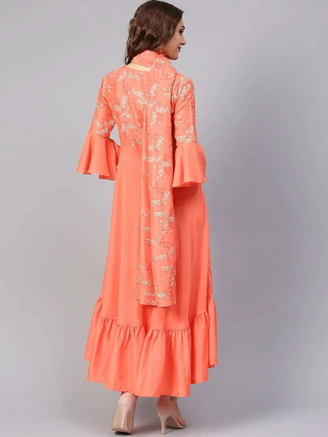 Anouk Orange Printed Silk Dress with Stole