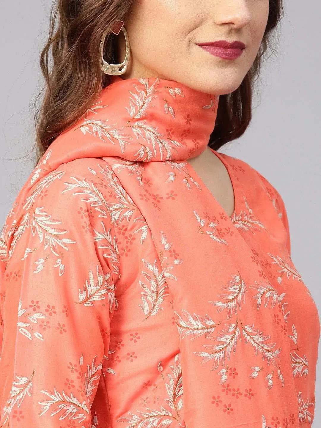 Anouk Orange Printed Silk Dress with Stole