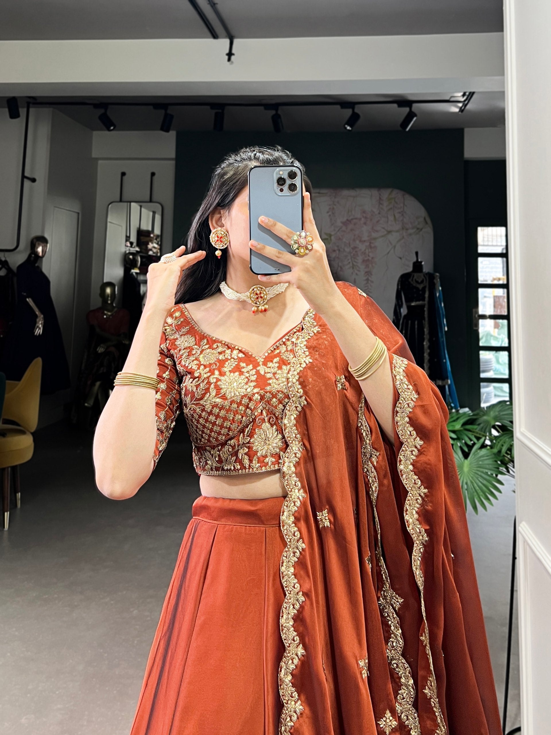 Orange Rangoli Silk Embroidered Lehenga Choli Set with Sequins Work | Stitched Lehenga with Dupatta