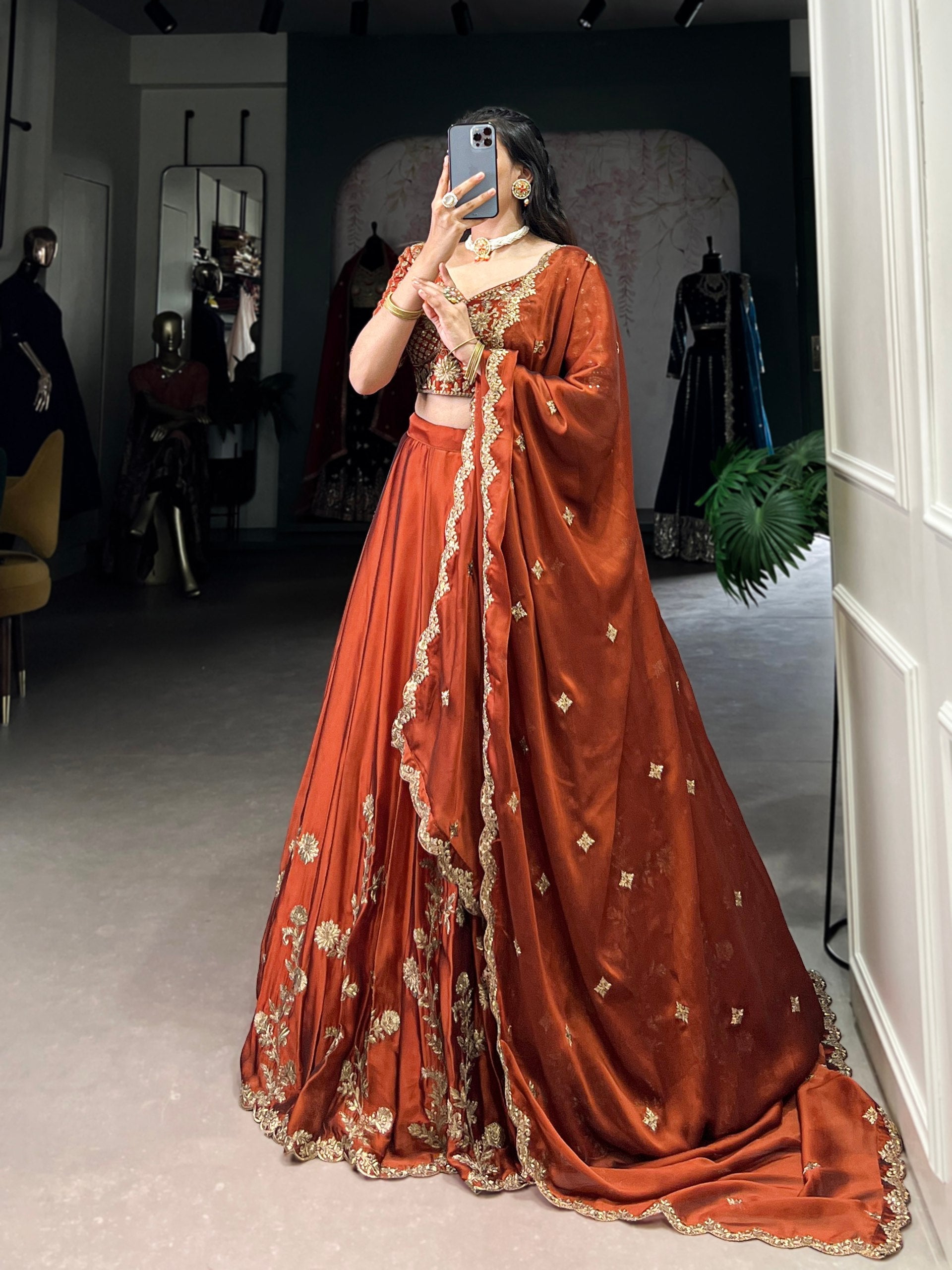 Orange Rangoli Silk Embroidered Lehenga Choli Set with Sequins Work | Stitched Lehenga with Dupatta