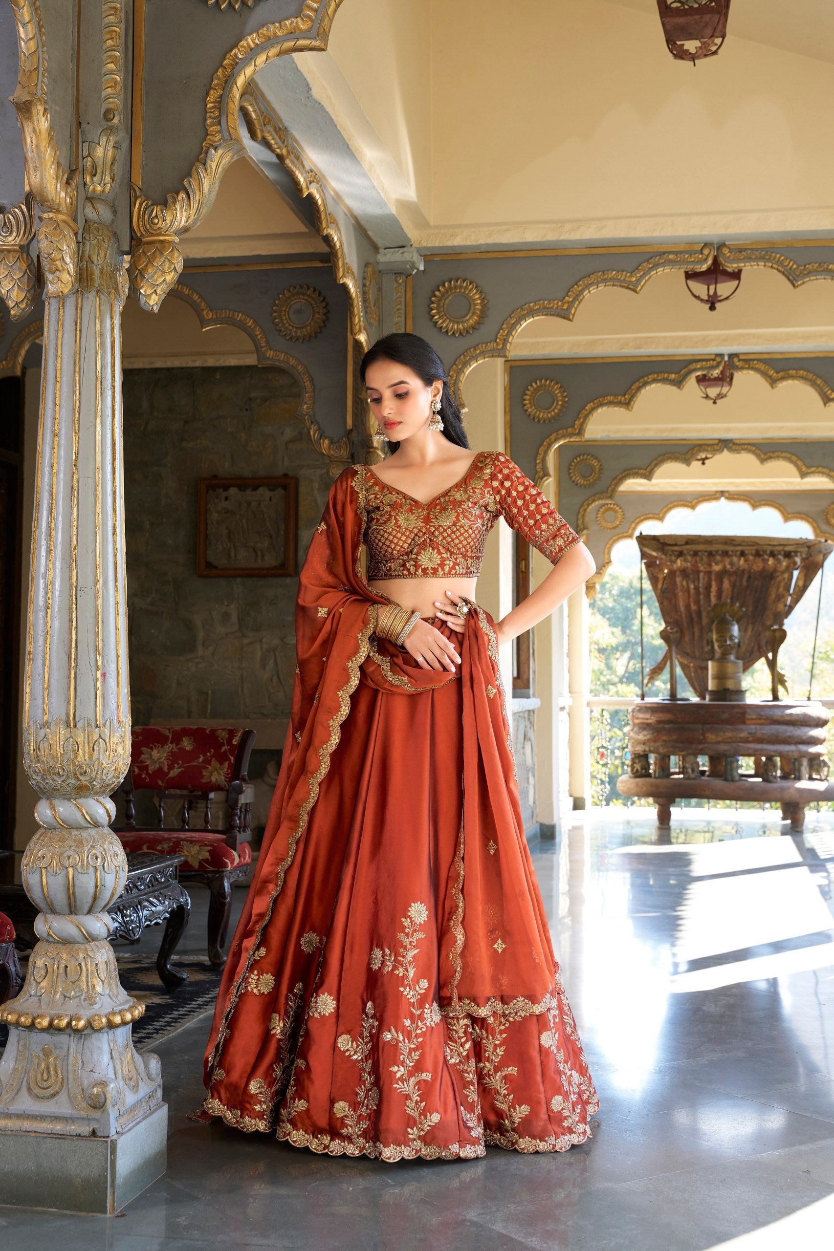 Orange Rangoli Silk Embroidered Lehenga Choli Set with Sequins Work | Stitched Lehenga with Dupatta