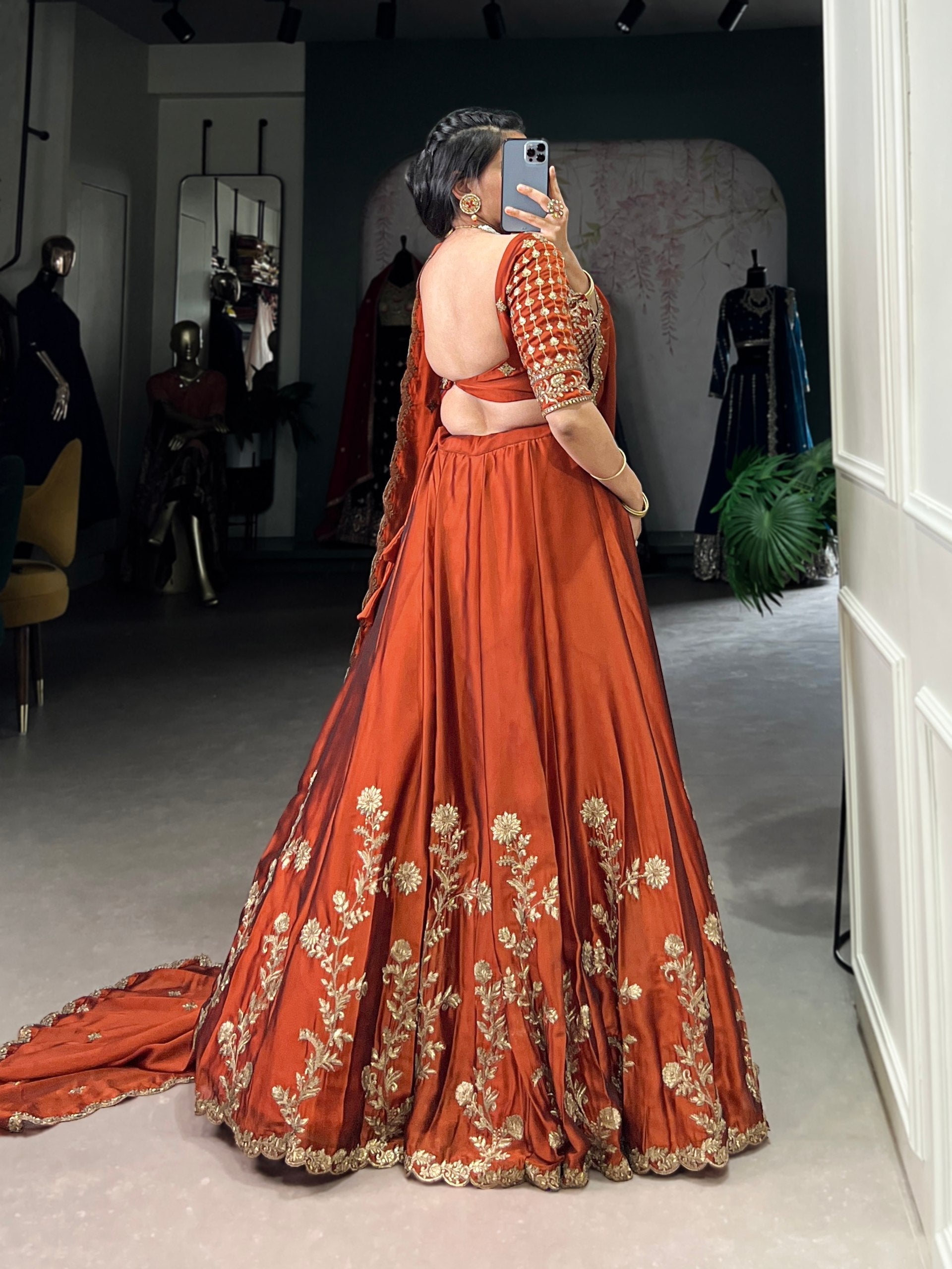 Orange Rangoli Silk Embroidered Lehenga Choli Set with Sequins Work | Stitched Lehenga with Dupatta