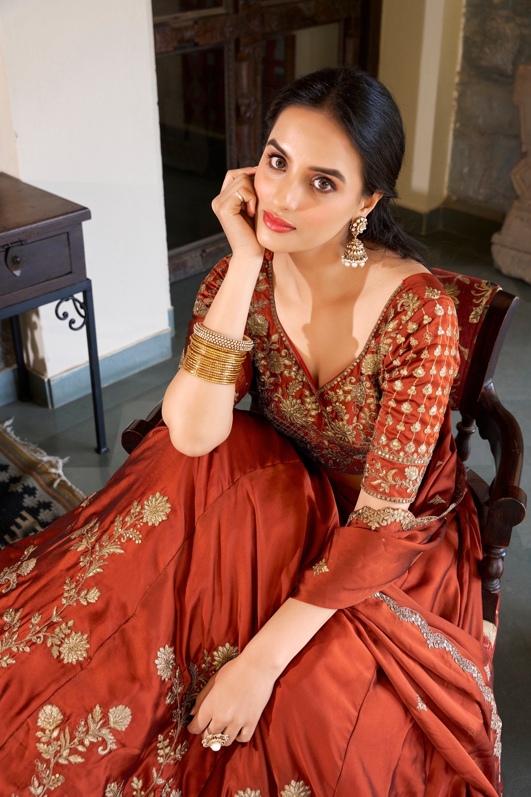 Orange Rangoli Silk Embroidered Lehenga Choli Set with Sequins Work | Stitched Lehenga with Dupatta