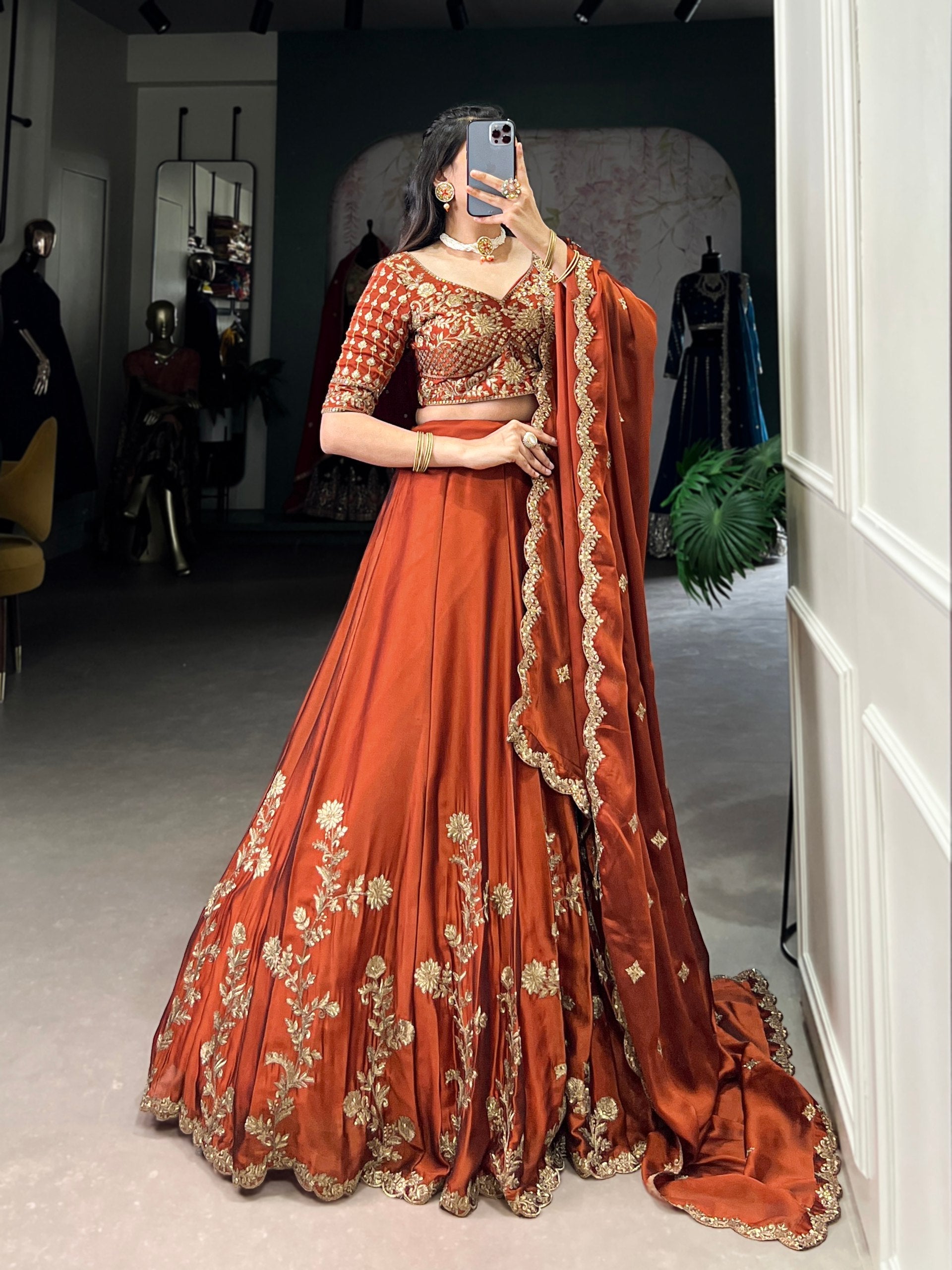 Orange Rangoli Silk Embroidered Lehenga Choli Set with Sequins Work | Stitched Lehenga with Dupatta
