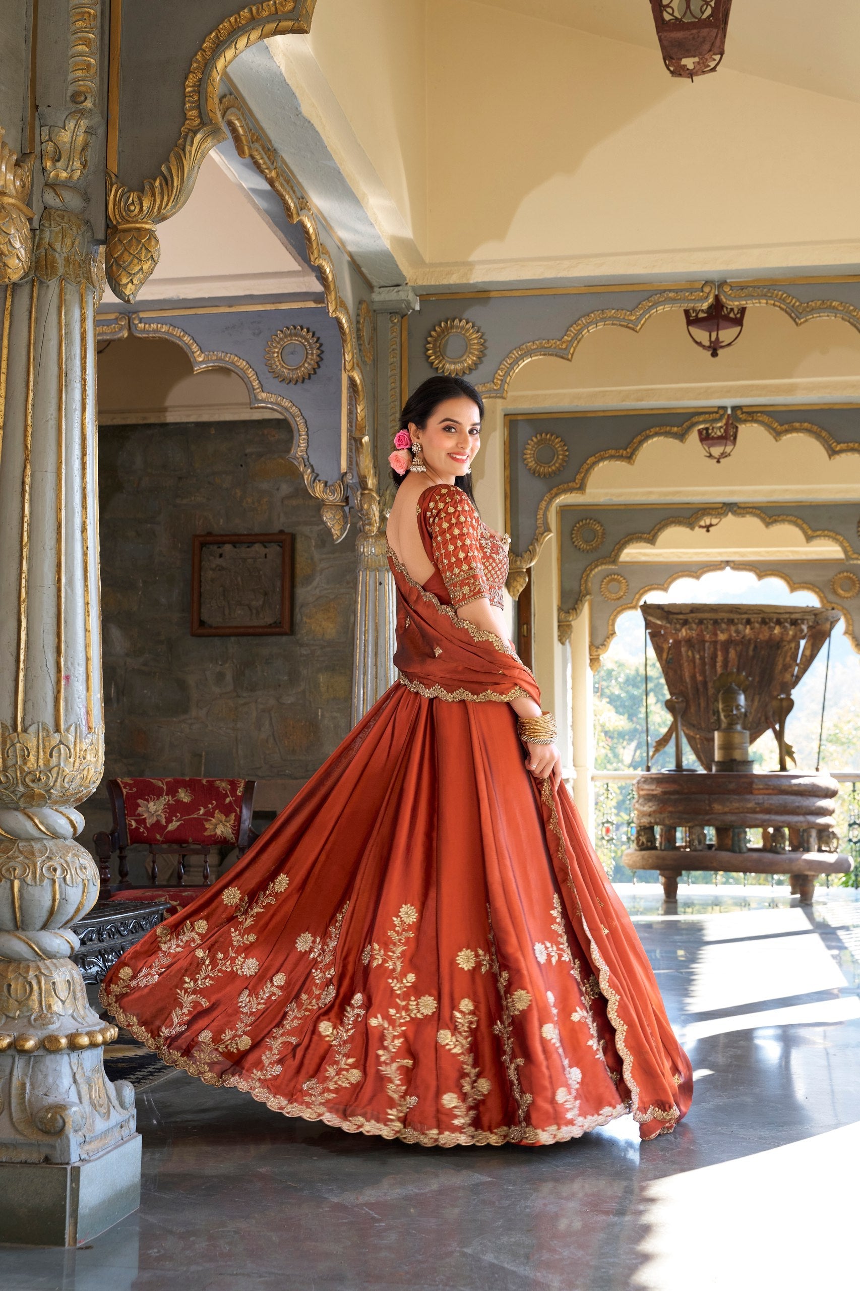 Orange Rangoli Silk Embroidered Lehenga Choli Set with Sequins Work | Stitched Lehenga with Dupatta