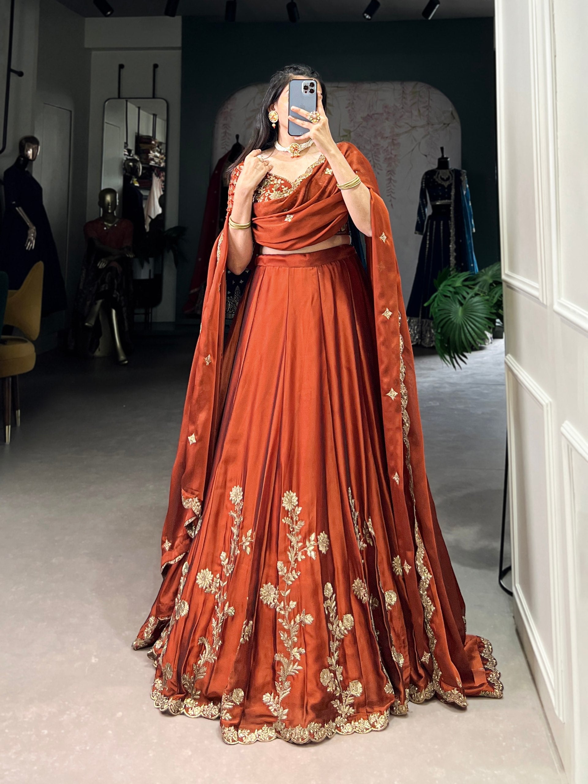 Orange Rangoli Silk Embroidered Lehenga Choli Set with Sequins Work | Stitched Lehenga with Dupatta