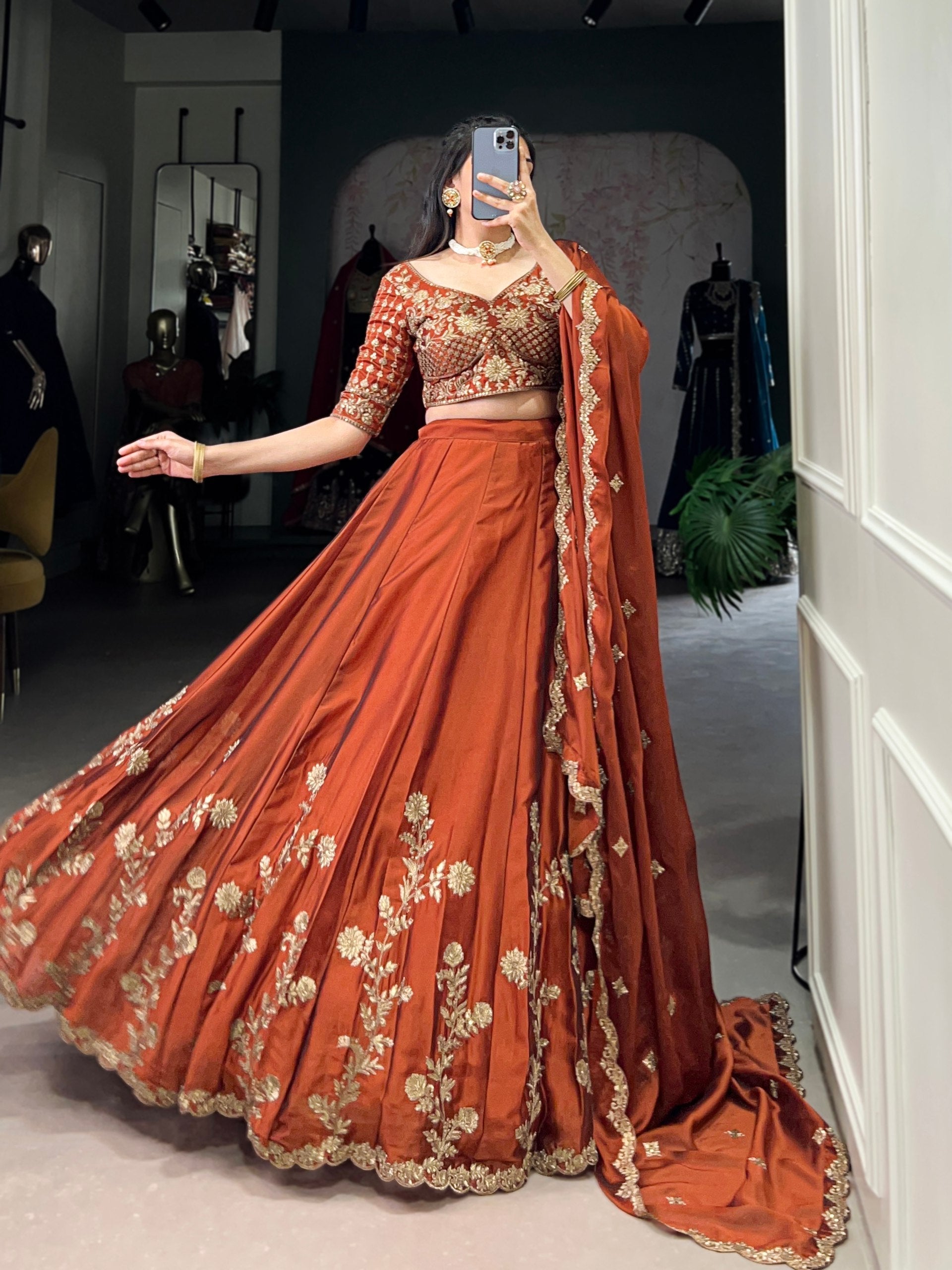 Orange Rangoli Silk Embroidered Lehenga Choli Set with Sequins Work | Stitched Lehenga with Dupatta