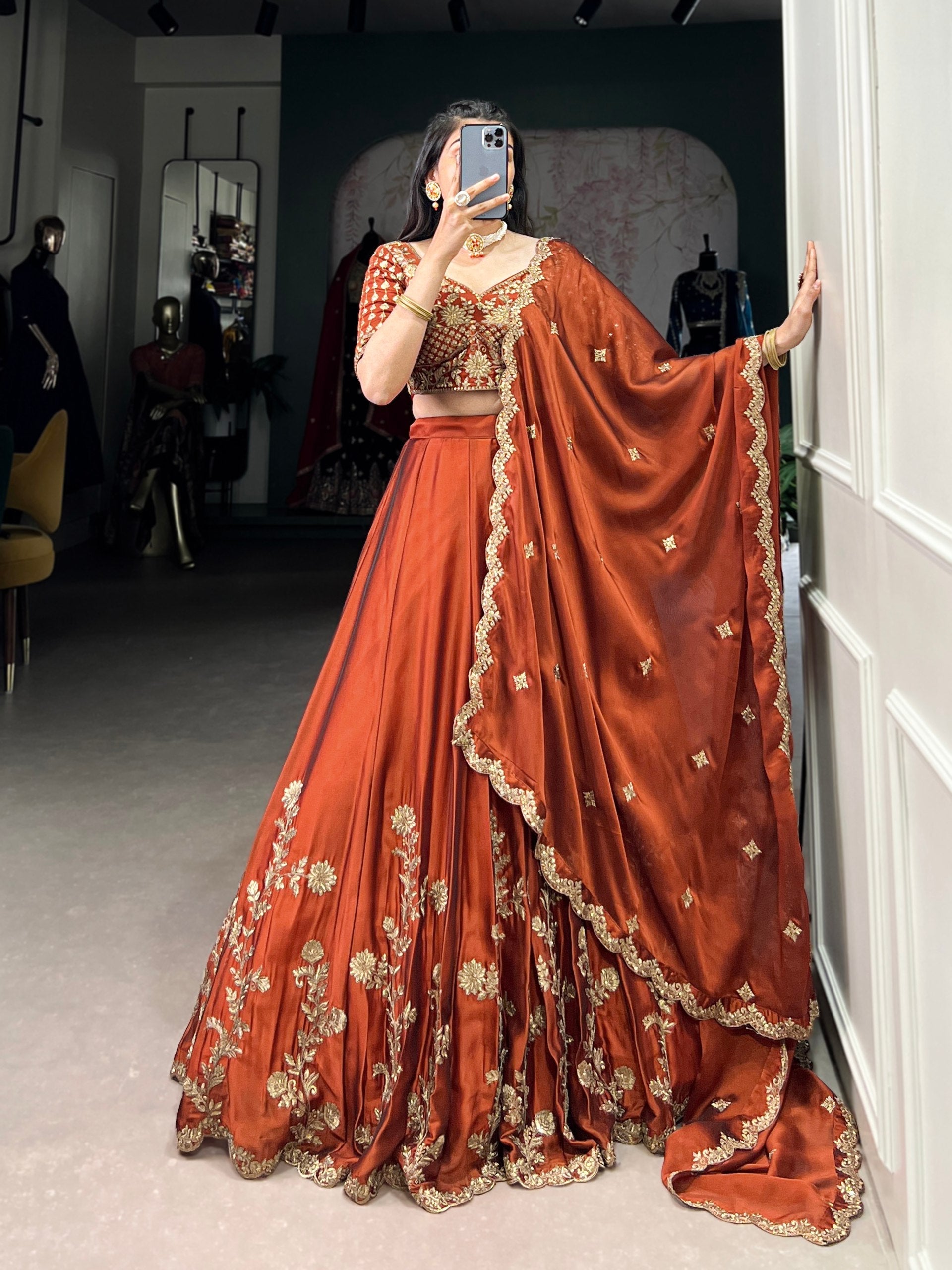 Orange Rangoli Silk Embroidered Lehenga Choli Set with Sequins Work | Stitched Lehenga with Dupatta