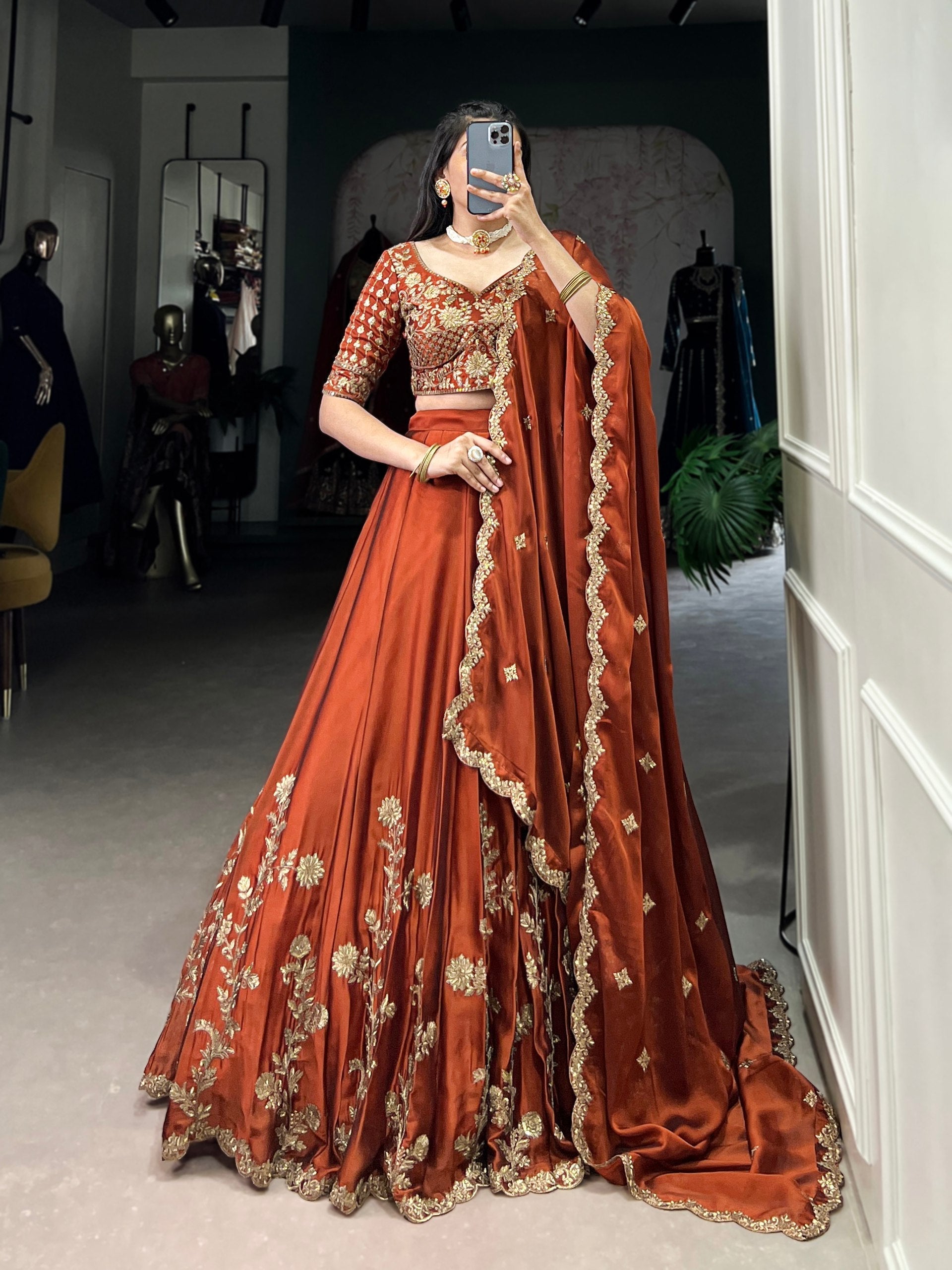 Orange Rangoli Silk Embroidered Lehenga Choli Set with Sequins Work | Stitched Lehenga with Dupatta