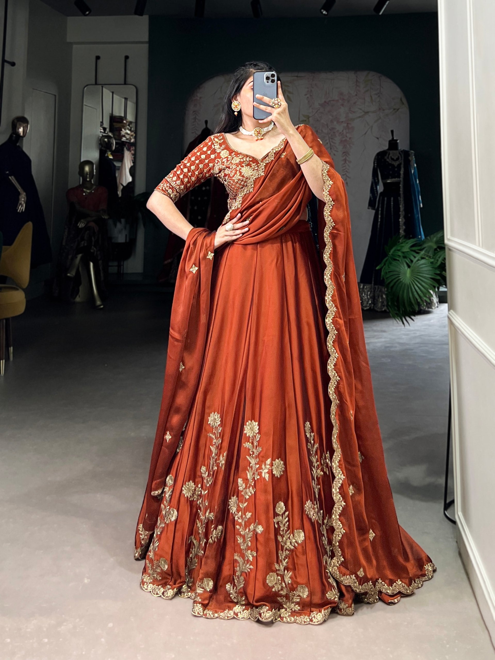 Orange Rangoli Silk Embroidered Lehenga Choli Set with Sequins Work | Stitched Lehenga with Dupatta