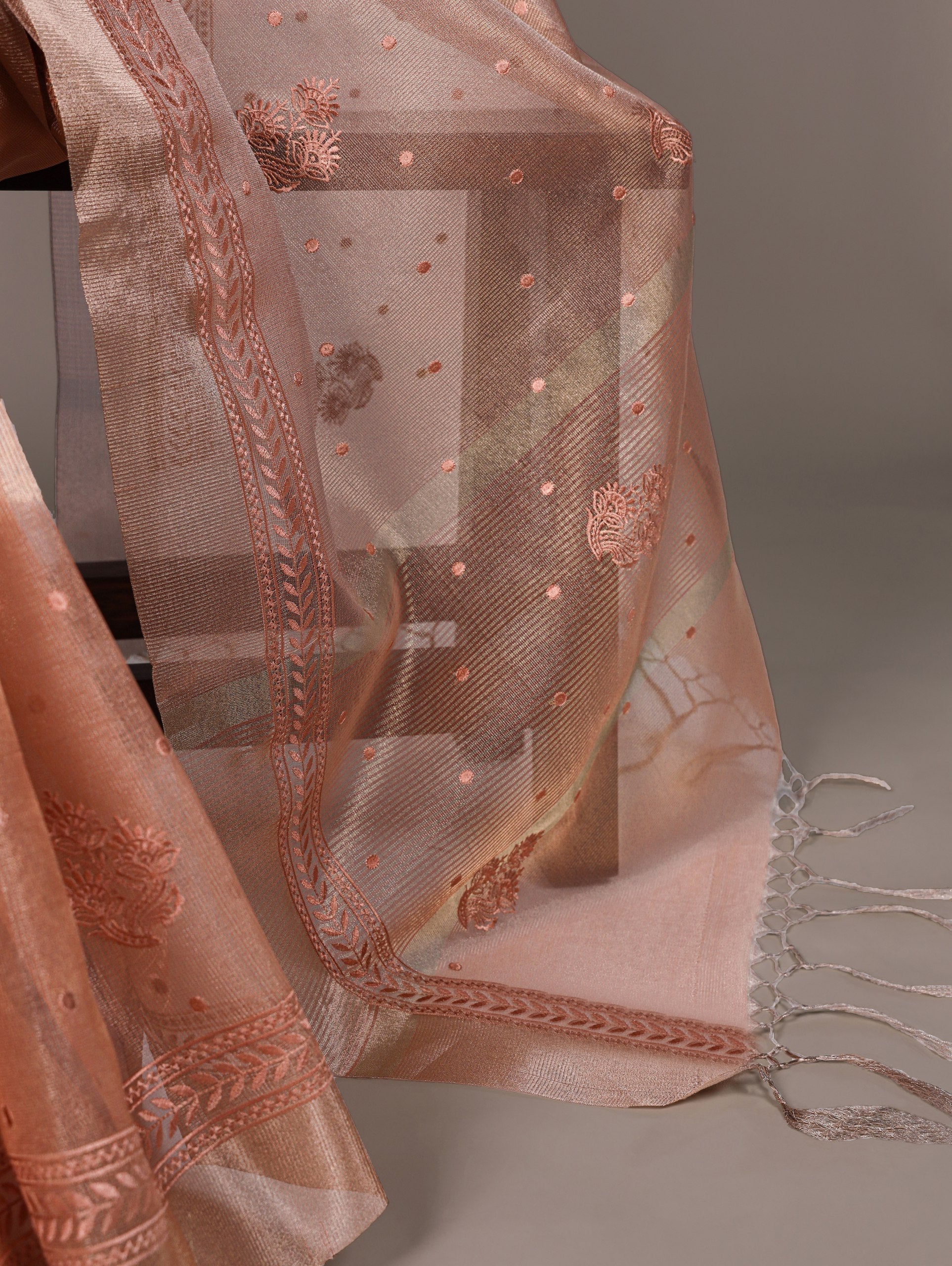 Orange Rose Gold Poly Shimmer Saree with Elegant Thread Embroidery and Matching Blouse – Unstitched Ensemble