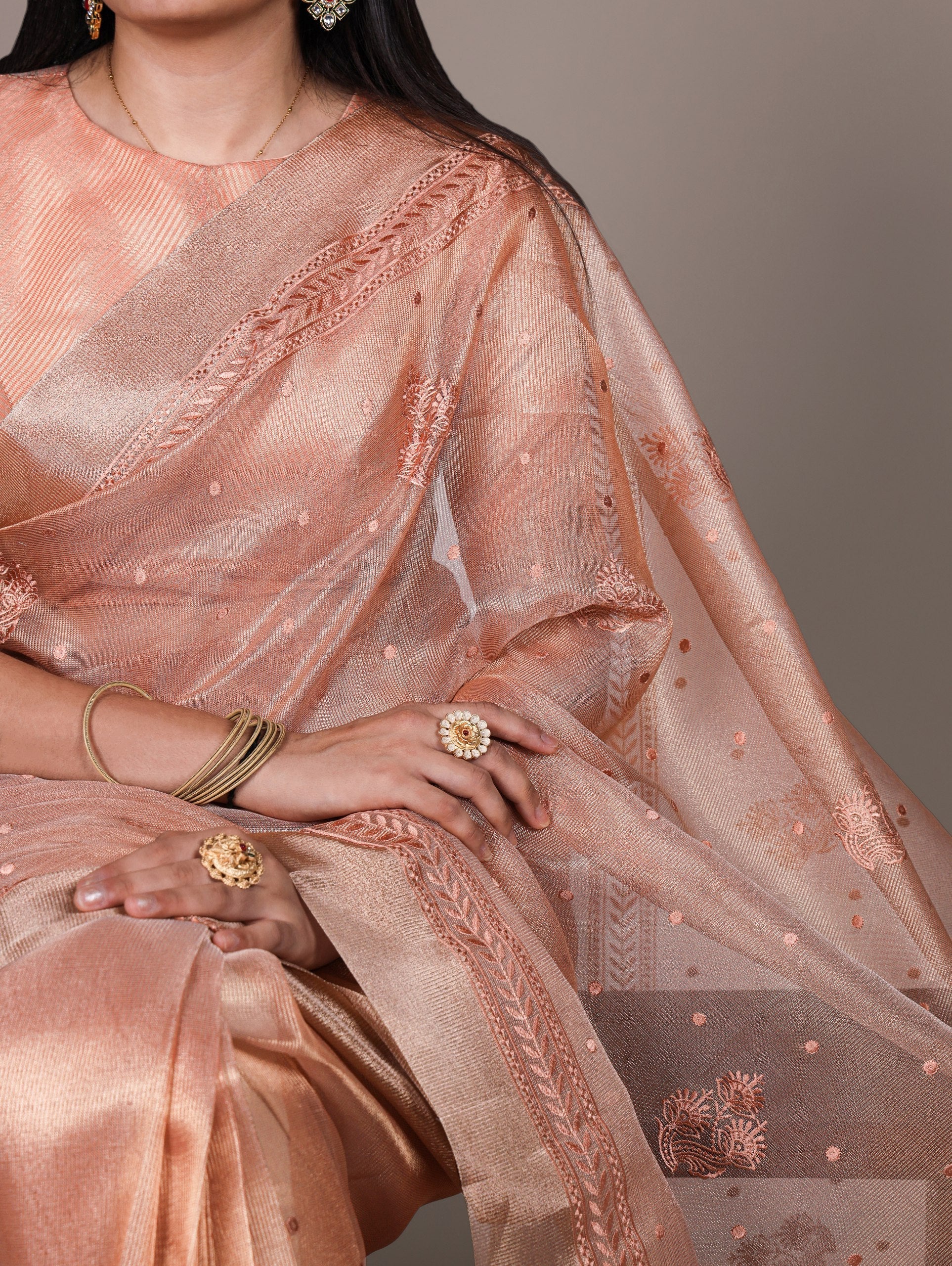 Orange Rose Gold Poly Shimmer Saree with Elegant Thread Embroidery and Matching Blouse – Unstitched Ensemble