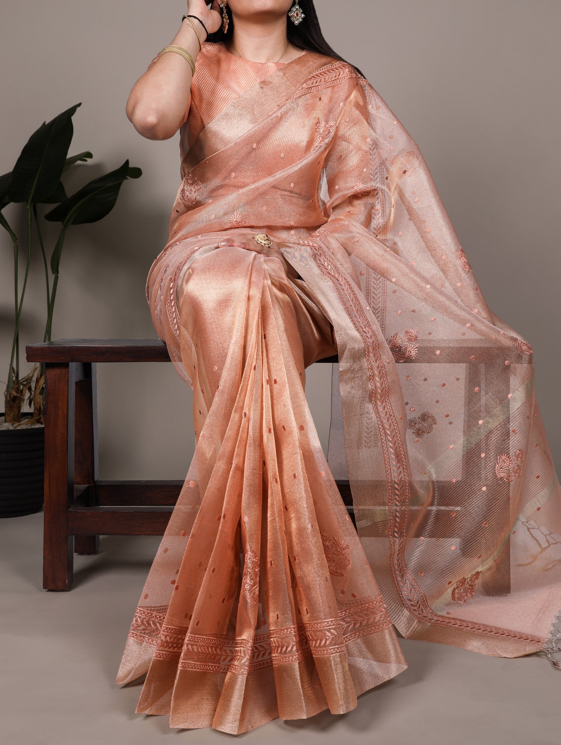 Orange Rose Gold Poly Shimmer Saree with Elegant Thread Embroidery and Matching Blouse – Unstitched Ensemble