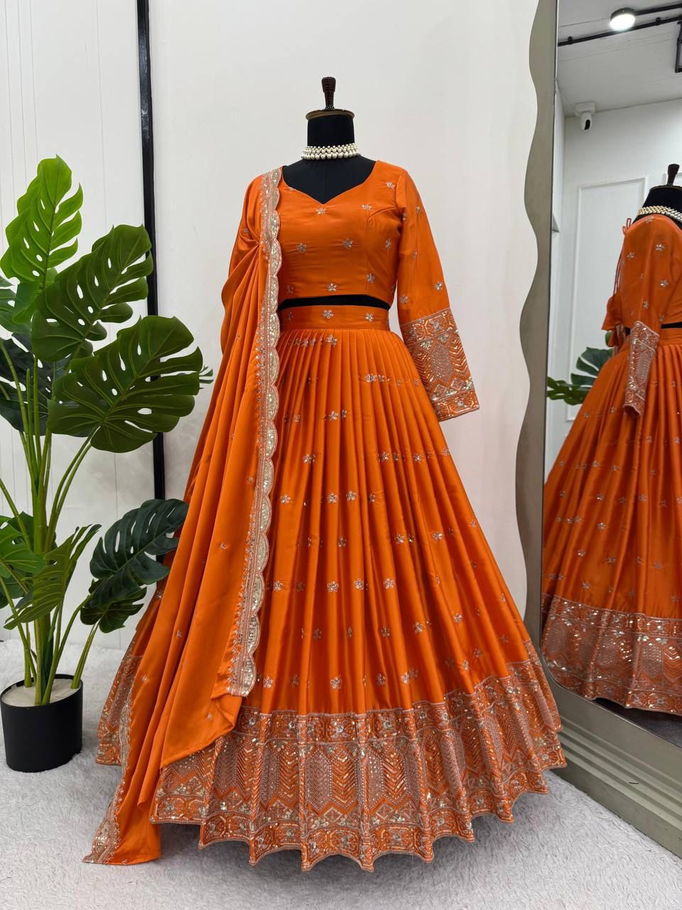 Orange Royal Satin Silk Lehenga Choli Set with Thread & Sequin Work |Semi-Stitched with Dupatta