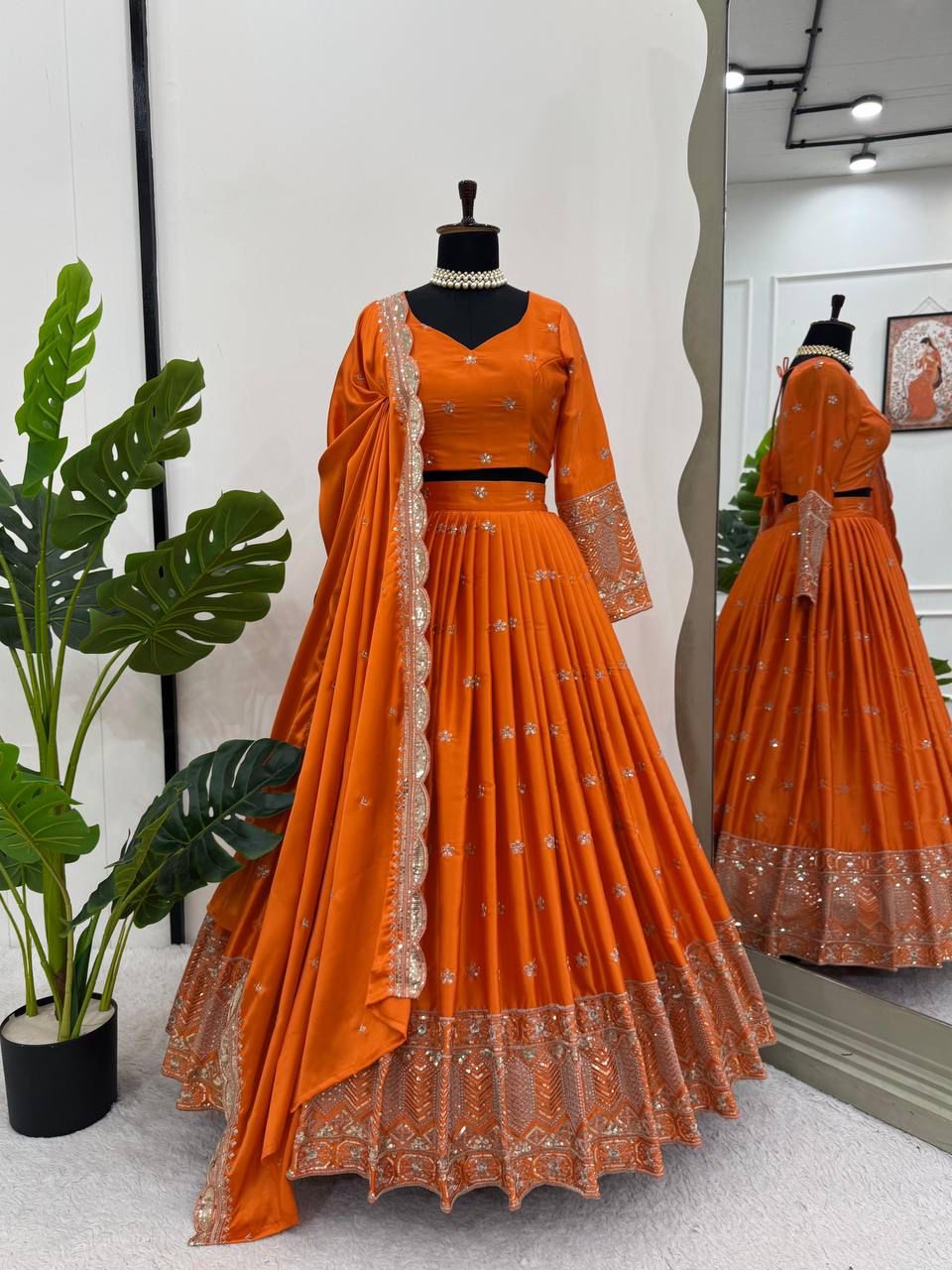 Orange Royal Satin Silk Lehenga Choli Set with Thread & Sequin Work |Semi-Stitched with Dupatta