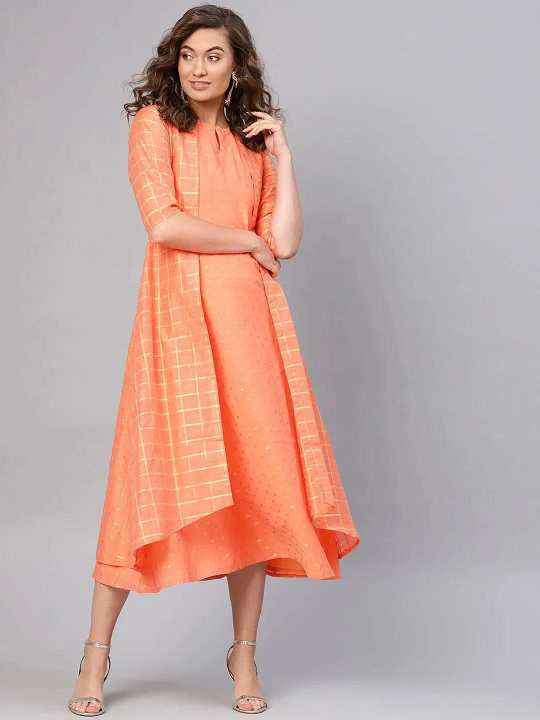 Anouk Orange Self Design Chanderi Dress With Jacket
