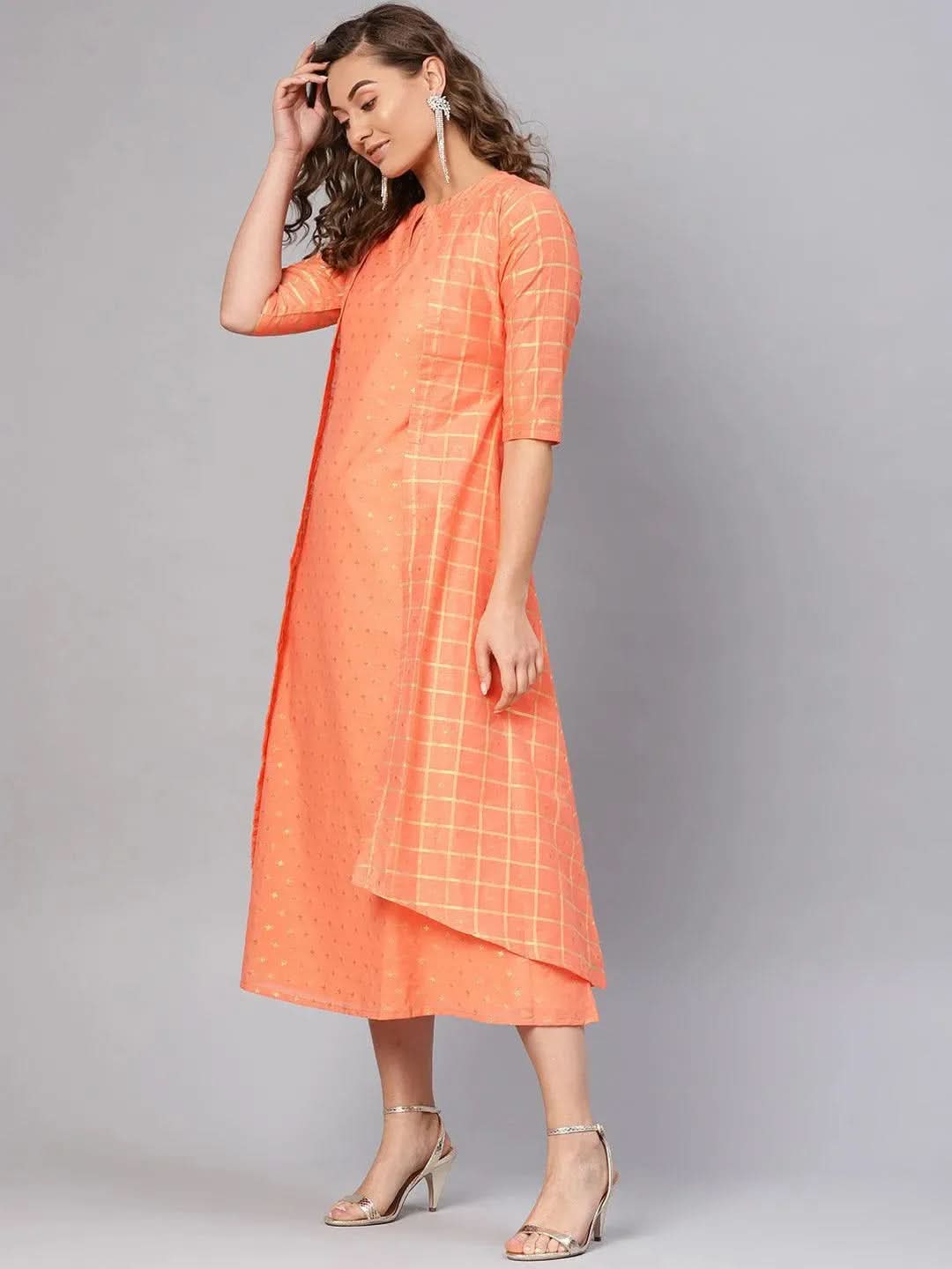 Anouk Orange Self Design Chanderi Dress With Jacket