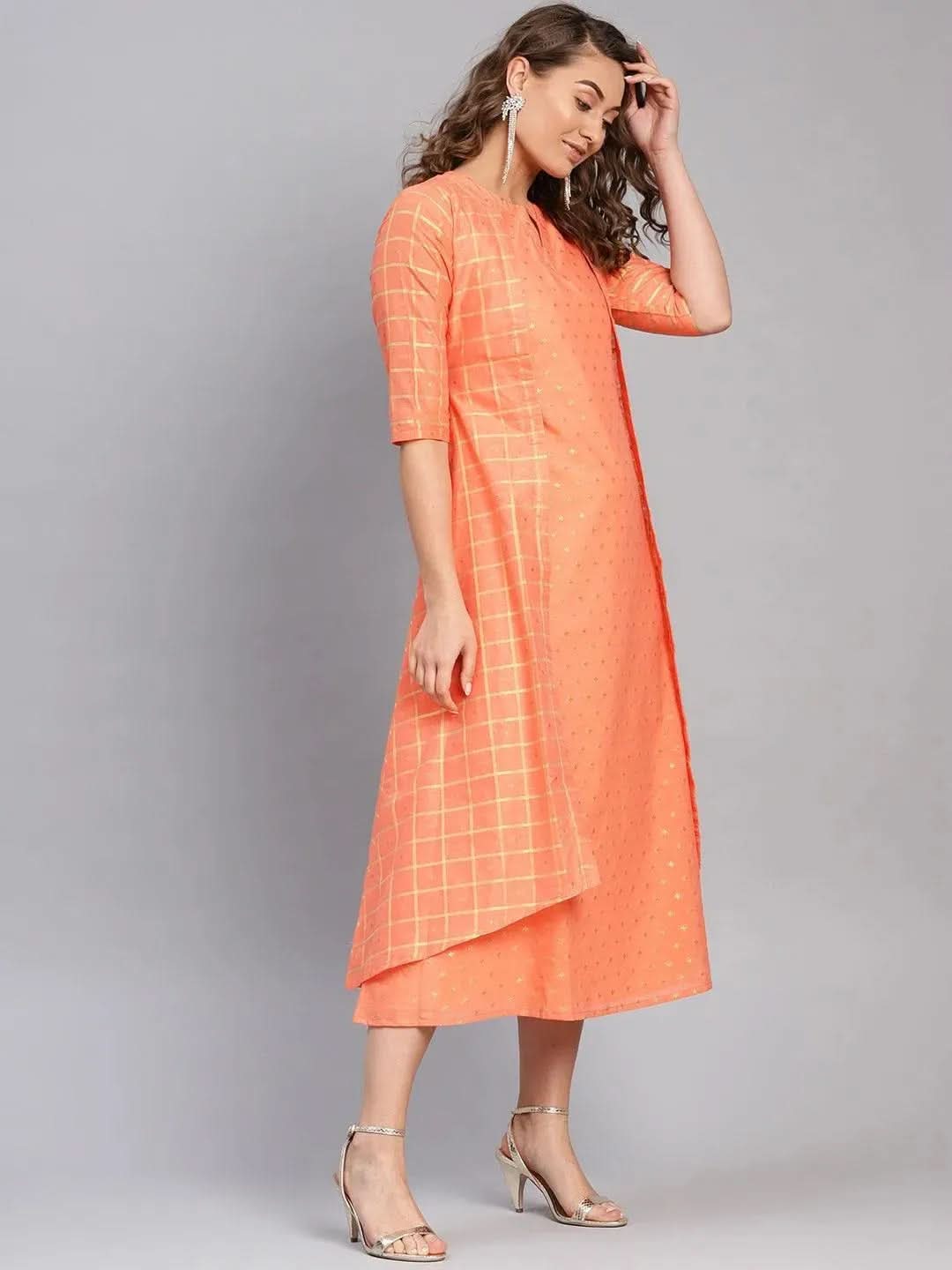 Anouk Orange Self Design Chanderi Dress With Jacket