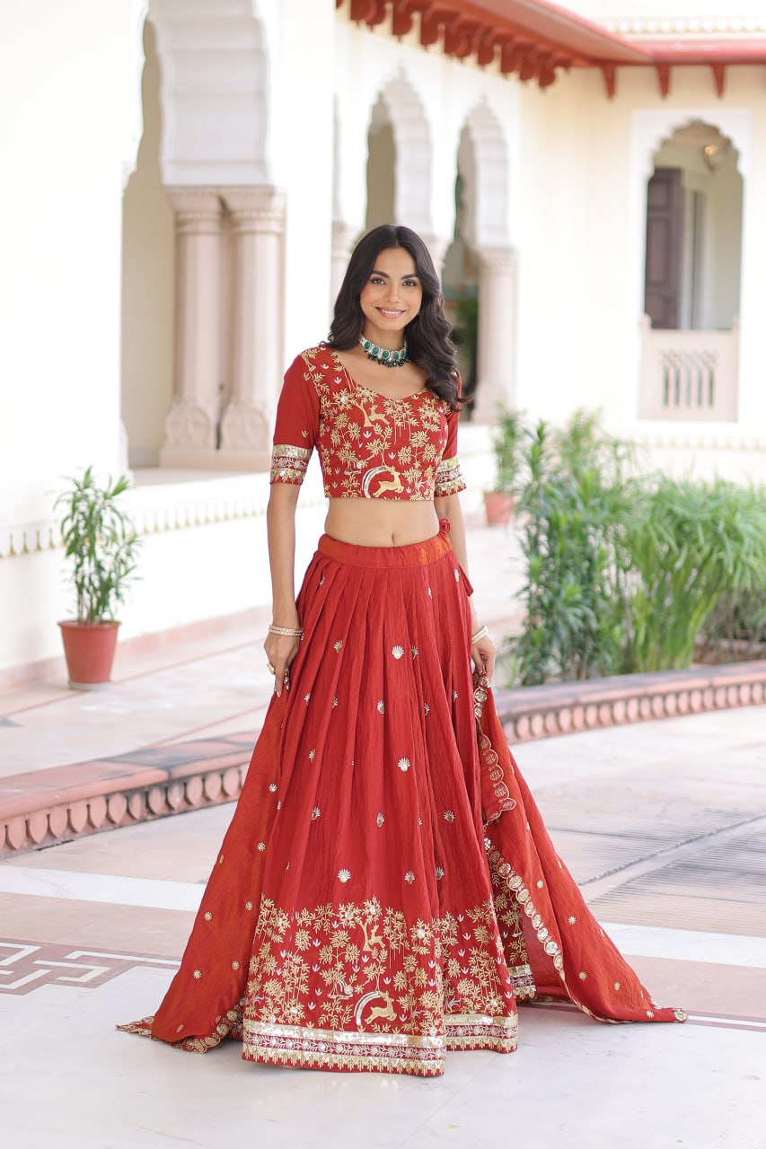 Orange Silk Sequins Lehenga Choli Set
