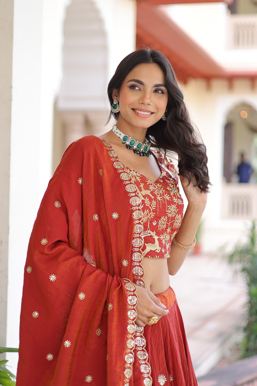Orange Silk Sequins Lehenga Choli Set