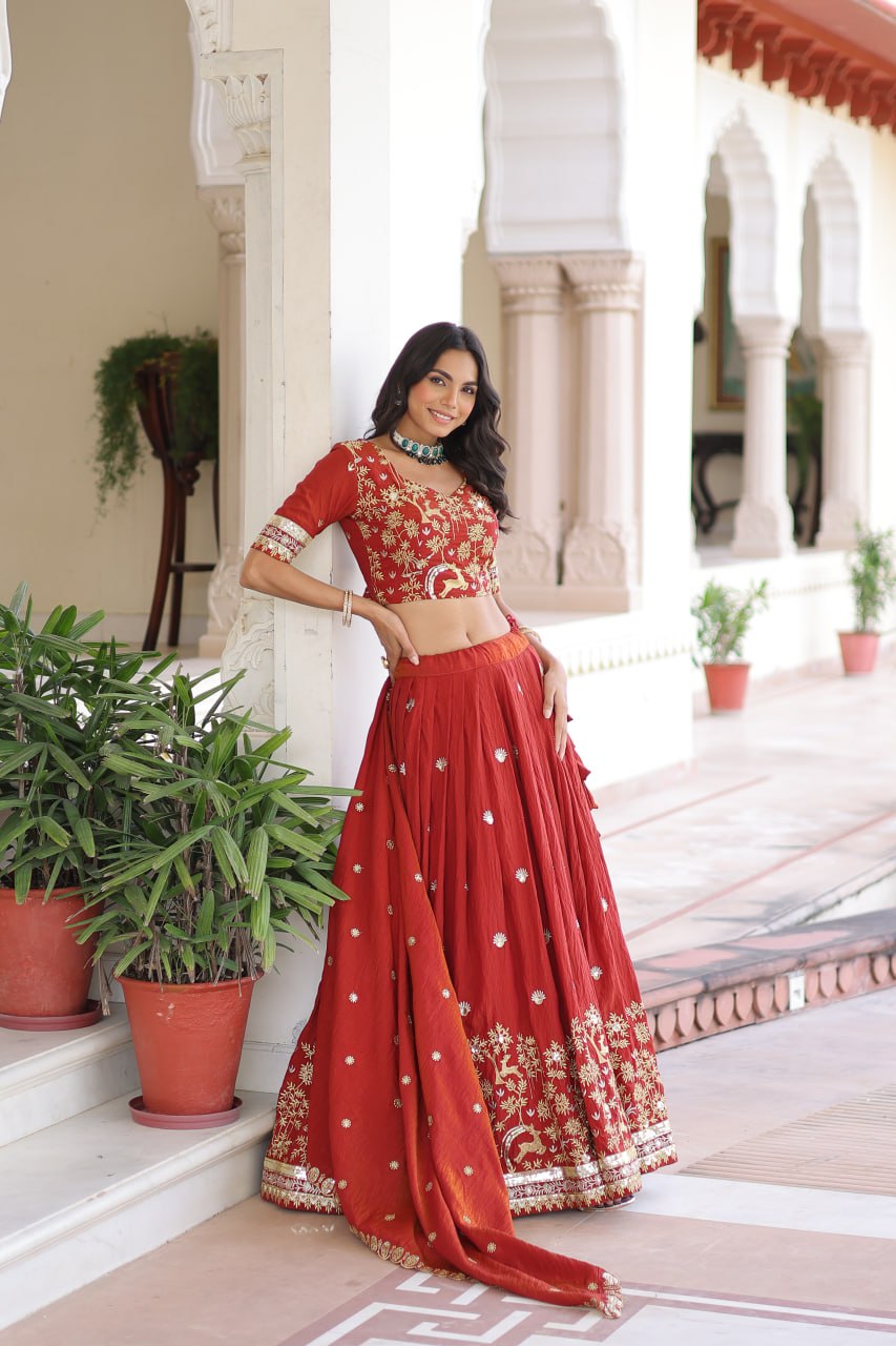 Orange Silk Sequins Lehenga Choli Set