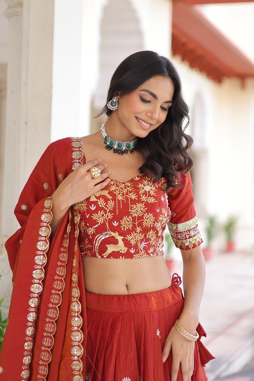 Orange Silk Sequins Lehenga Choli Set