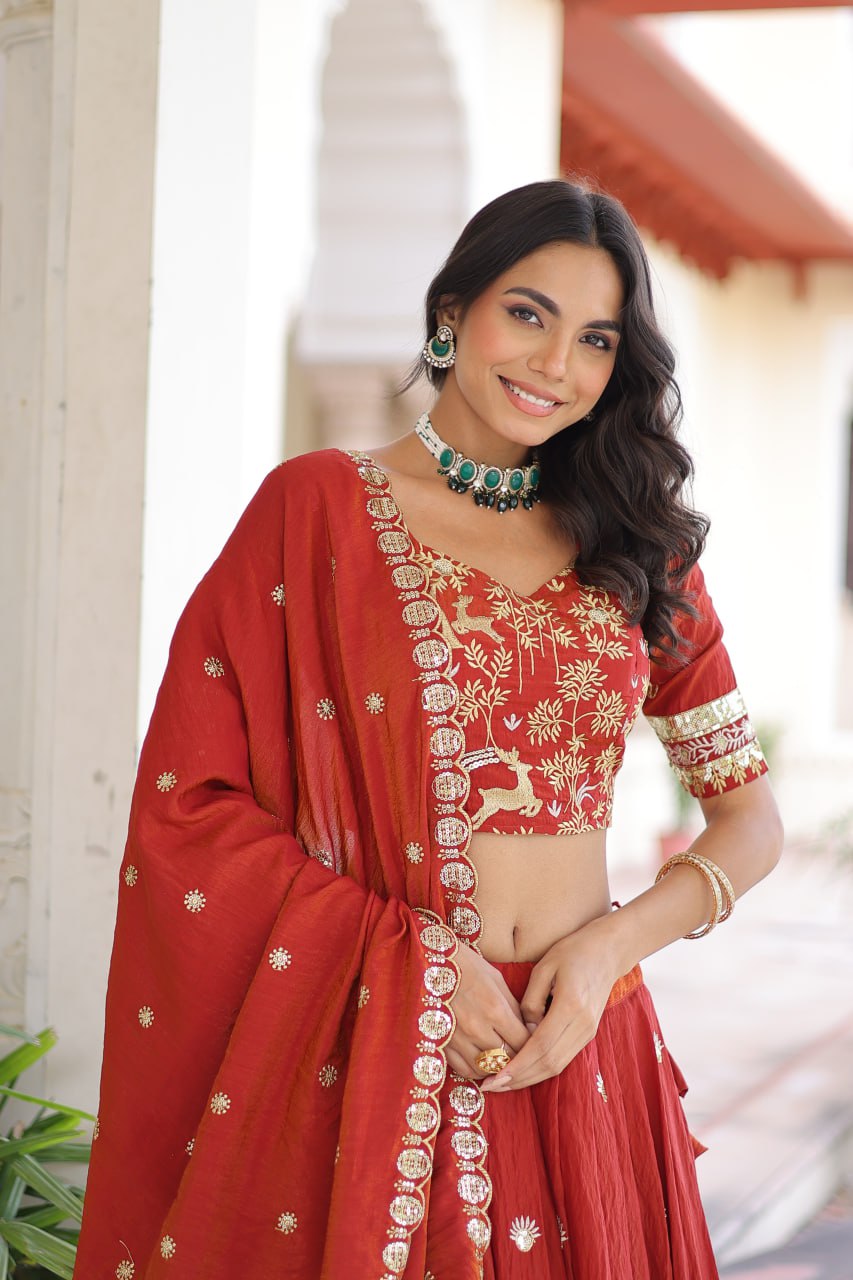 Orange Silk Sequins Lehenga Choli Set