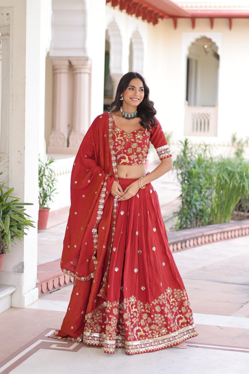 Orange Silk Sequins Lehenga Choli Set