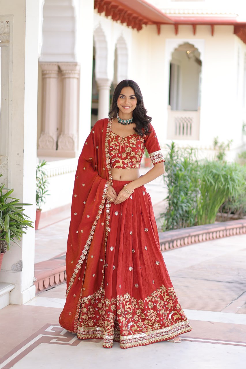 Orange Silk Sequins Lehenga Choli Set