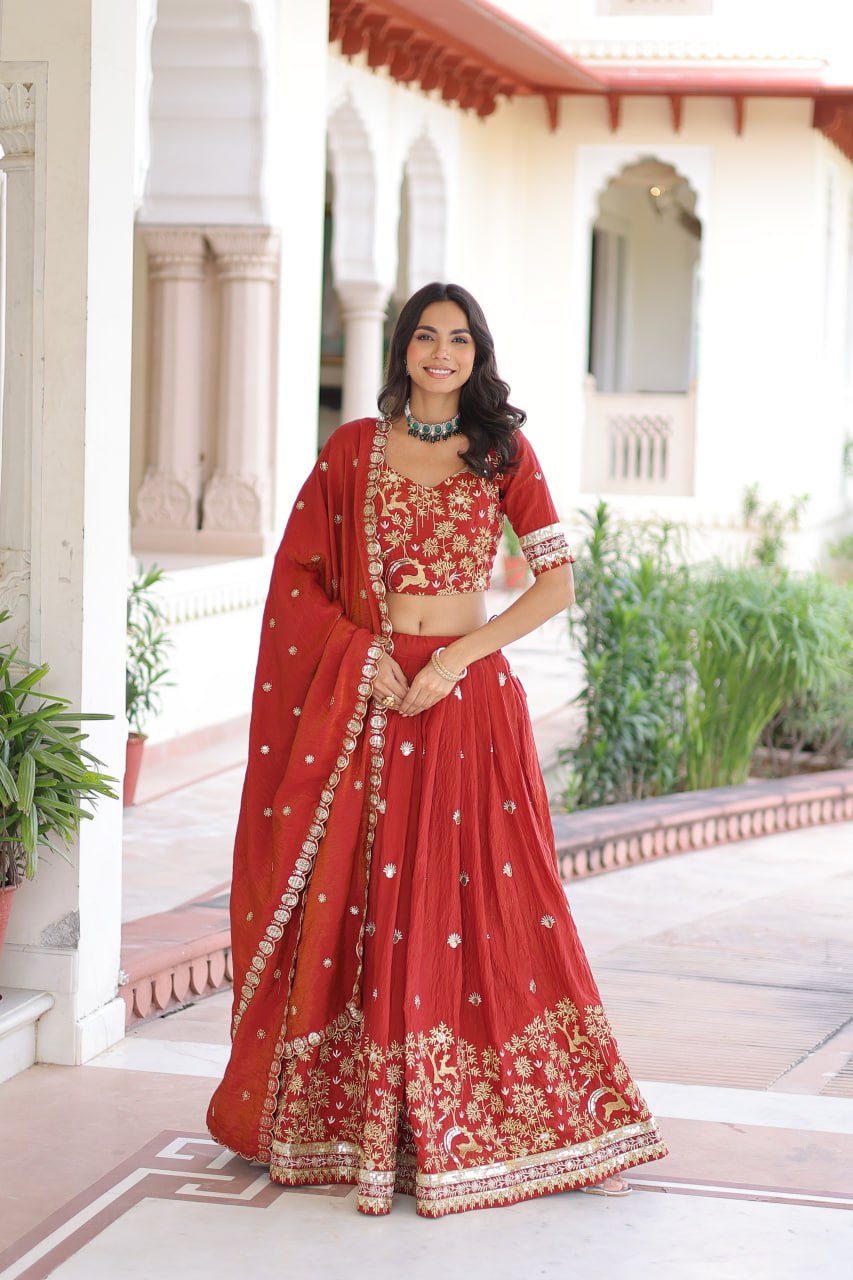 Orange Silk Sequins Lehenga Choli Set
