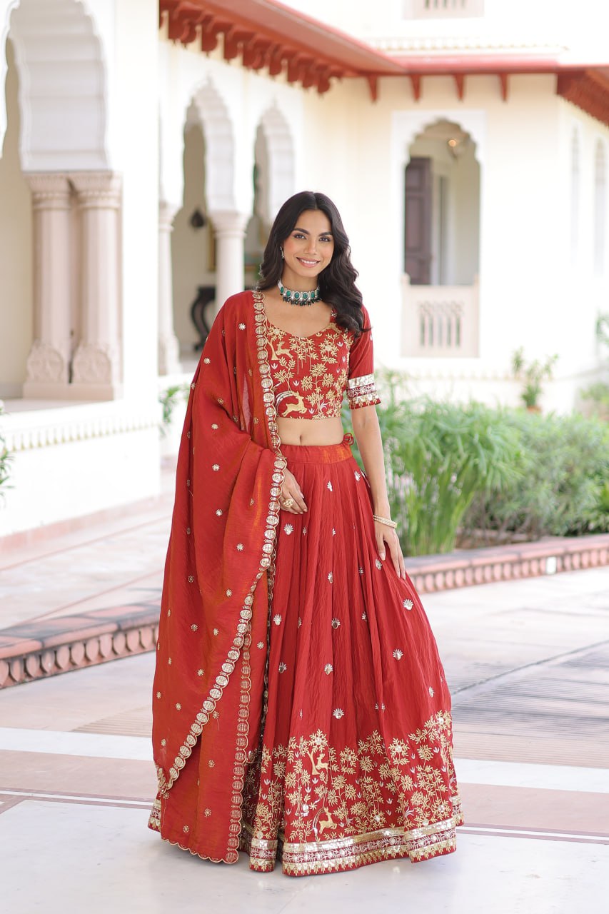 Orange Silk Sequins Lehenga Choli Set