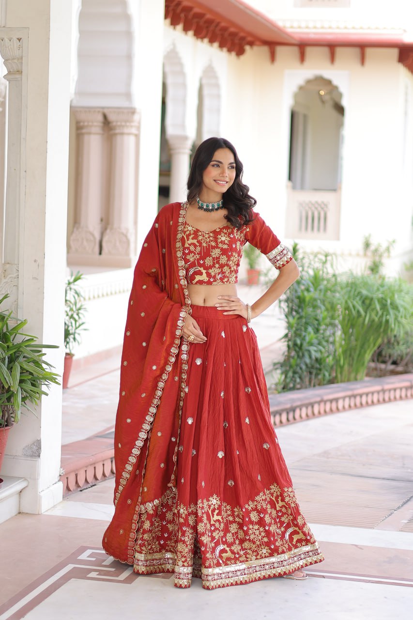 Orange Silk Sequins Lehenga Choli Set