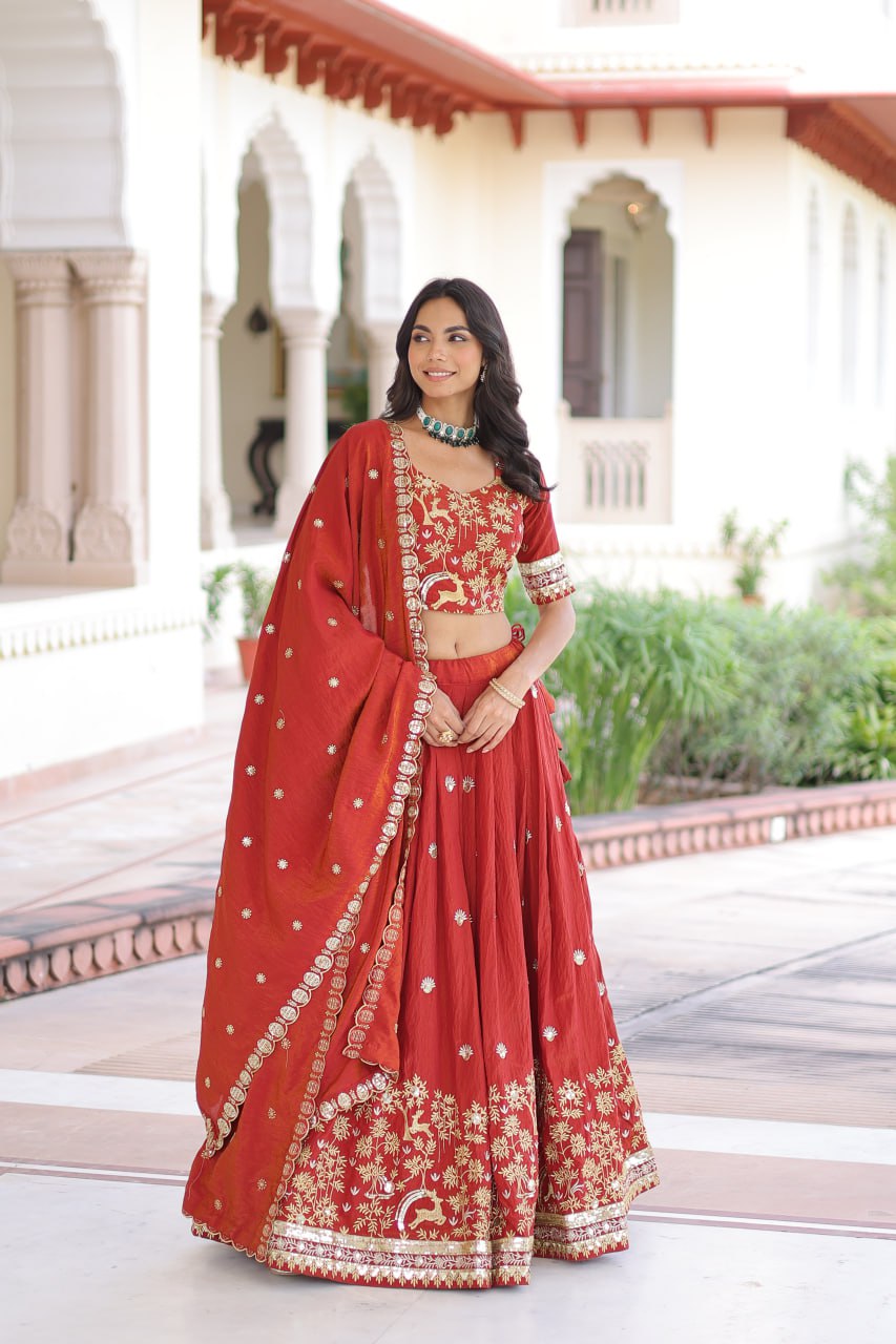 Orange Silk Sequins Lehenga Choli Set