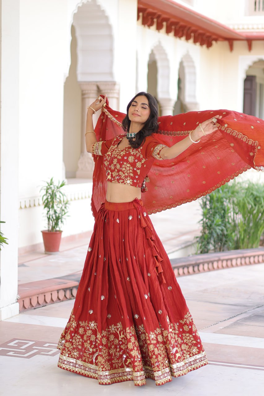 Orange Silk Sequins Lehenga Choli Set