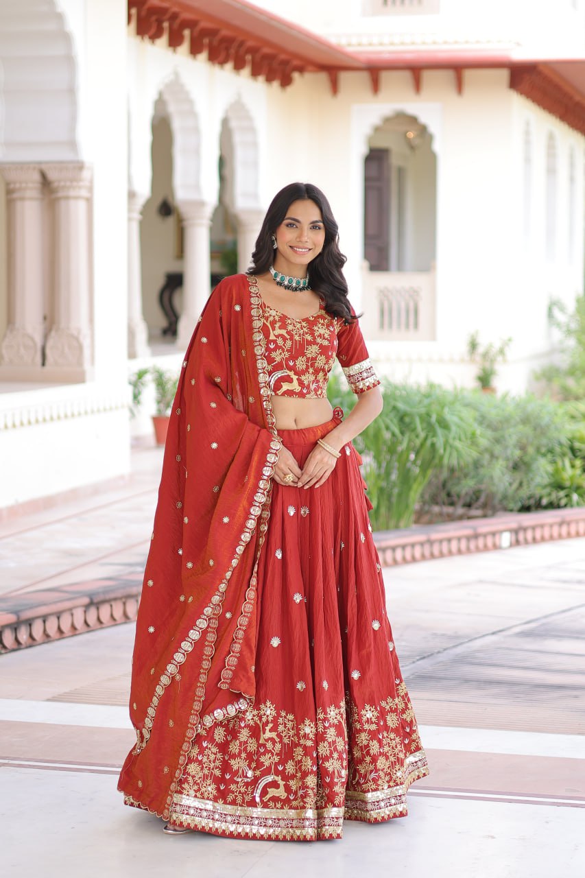 Orange Silk Sequins Lehenga Choli Set