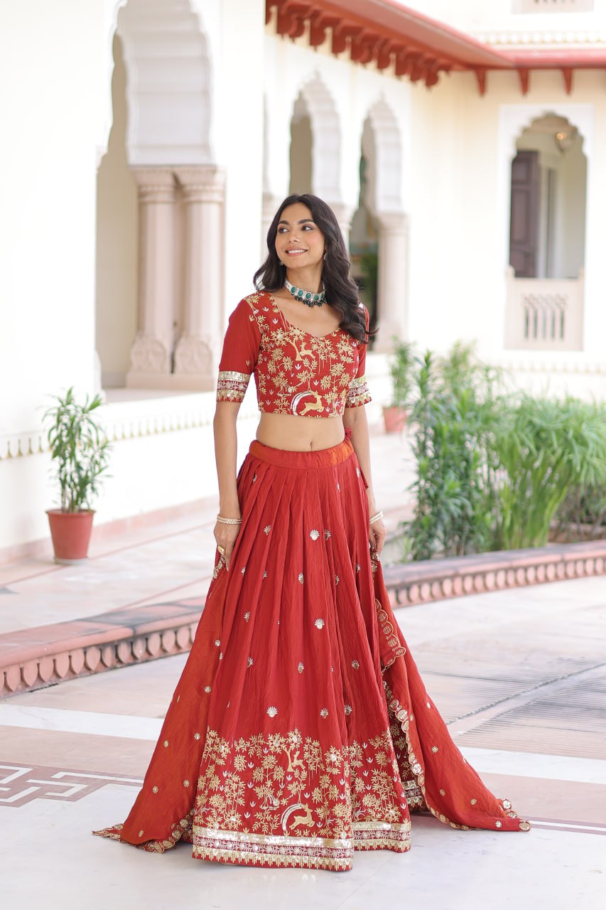 Orange Silk Sequins Lehenga Choli Set