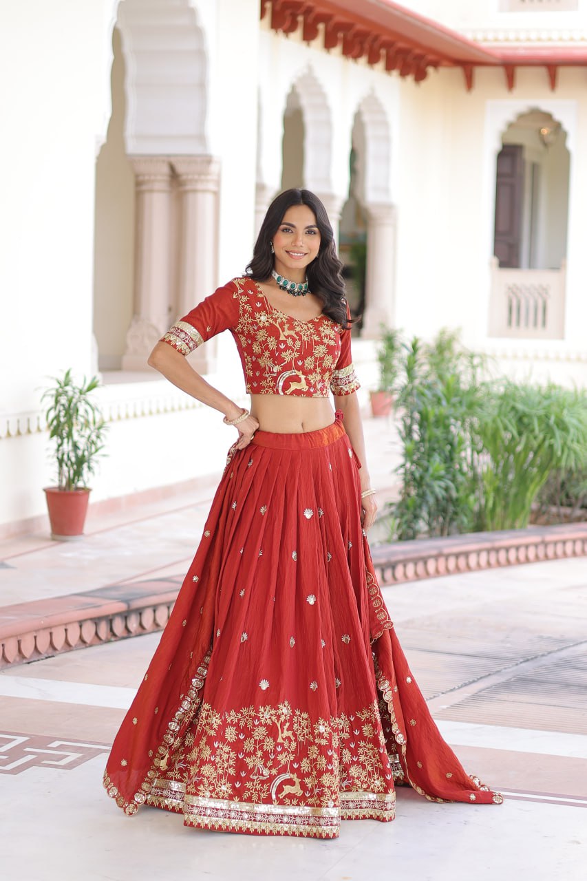 Orange Silk Sequins Lehenga Choli Set