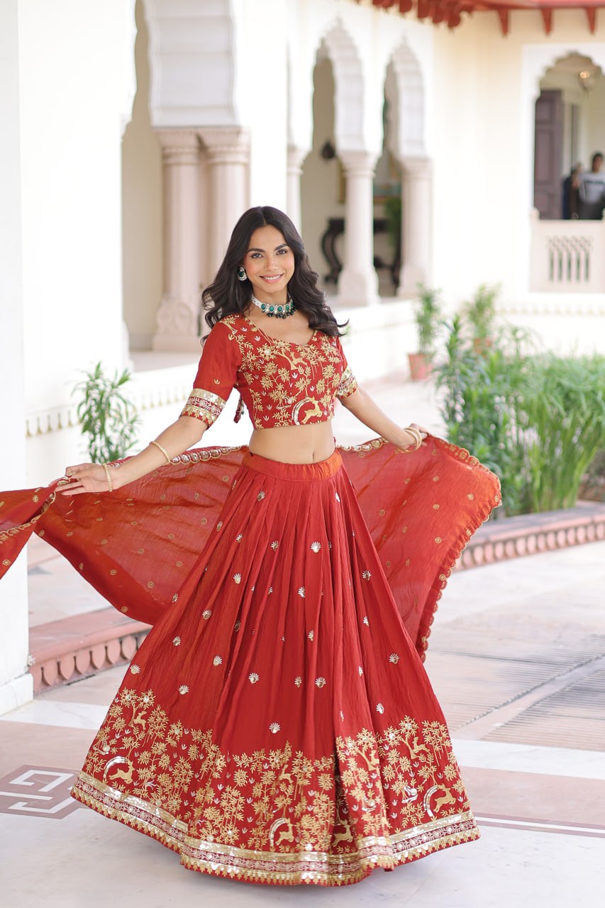 Orange Silk Sequins Lehenga Choli Set