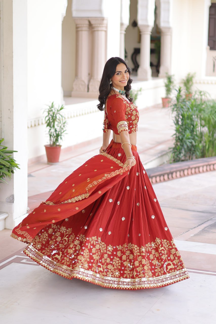 Orange Silk Sequins Lehenga Choli Set