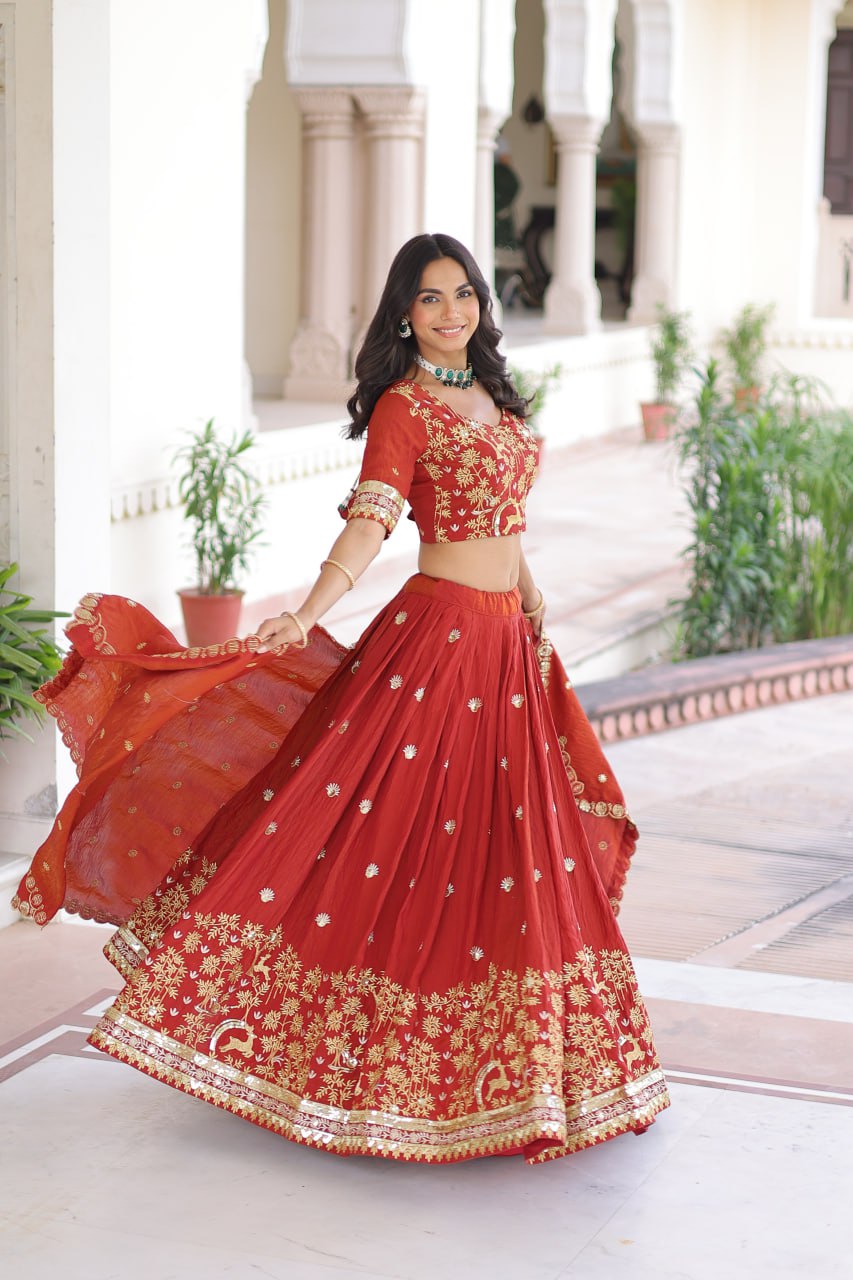 Orange Silk Sequins Lehenga Choli Set