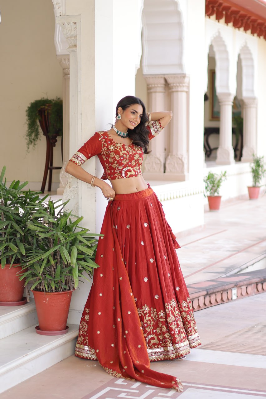 Orange Silk Sequins Lehenga Choli Set